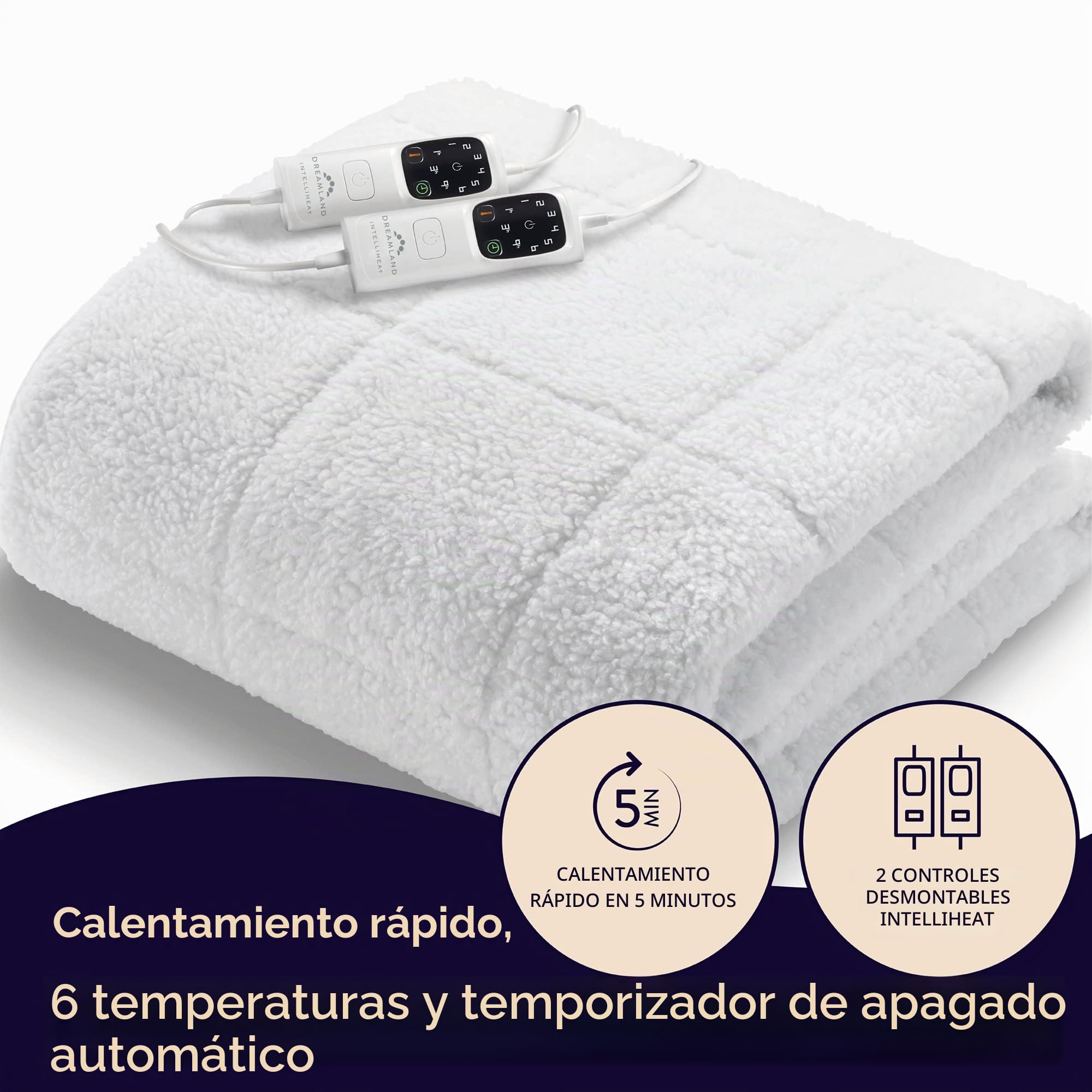 Dreamland SuperKing Hunker Down Scandi Sherpa - Manta eléctrica (Intelliheat Plus Fast Heat, Lavable a máquina, 200 x 180 cm, 2 Controles Desmontables, 6 temperaturas y Temporizador automático)