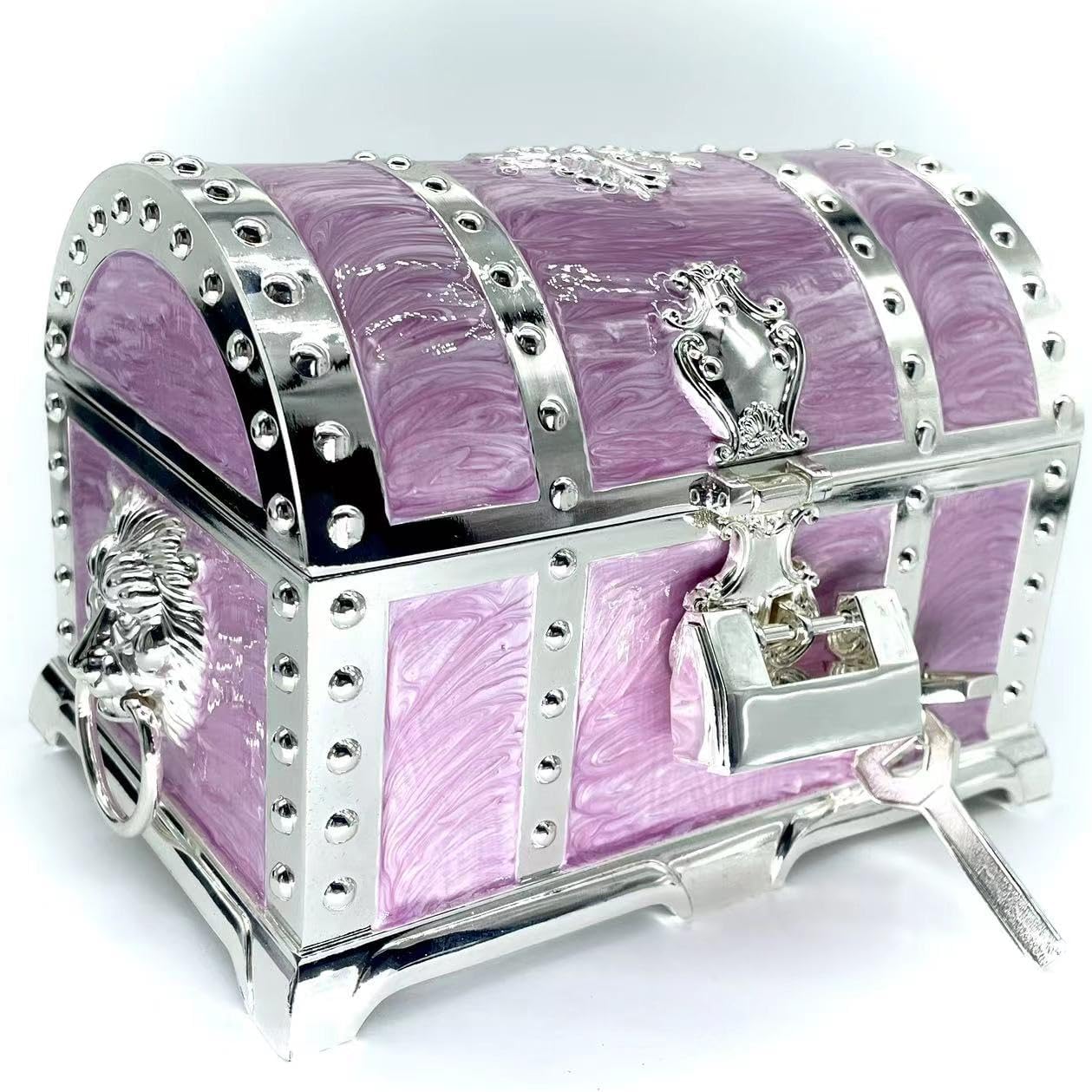 Vintage Metal Jewelry Chest Treasure Trinket Box, Gem Storage Tray Ring Earrings Necklace Keepsake Gift Holder Case Bag for Girls Ladies Women (Large Silver Lavender With Tray)