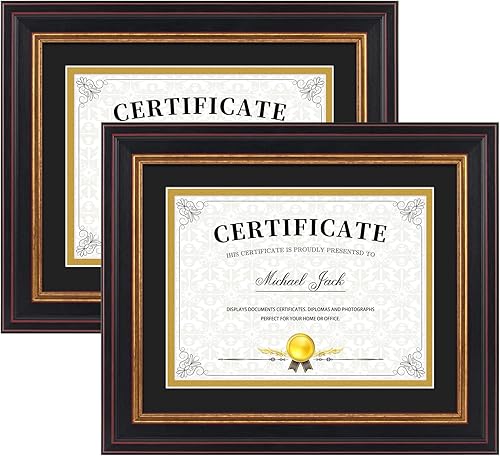 Frametory, Marco de diploma de 6 x 8 pulgadas con paspartú doble azul marinodorado o de 8 x 10 pulgadas sin paspartú, oro negro y borgoña, soporte