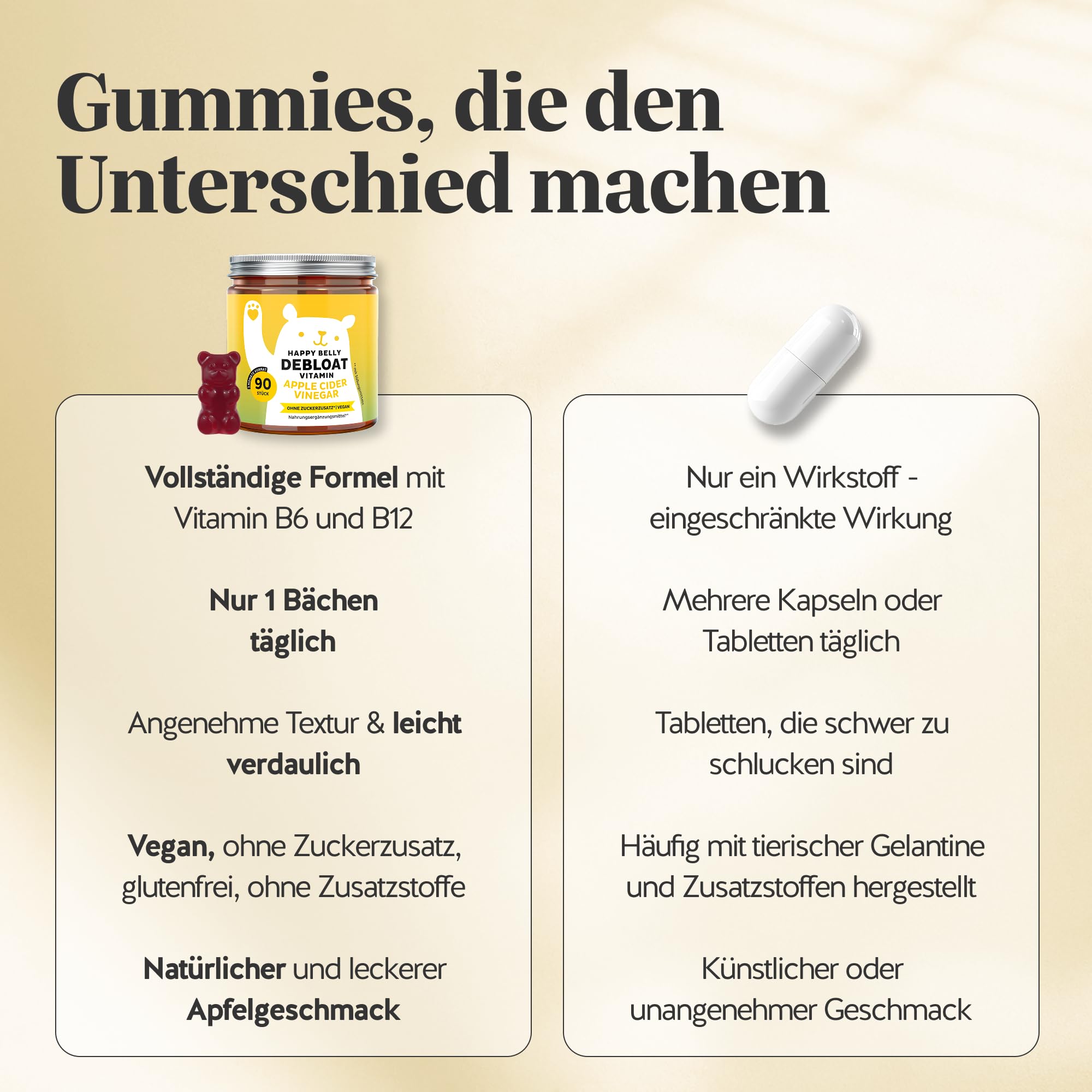 Bears with Benefits - Apfelessig mit Vitamin B12-90 Stück | mit Vitamin B12, B6 - Vorrat für 3 Monate - Zuckerfrei, Vegan