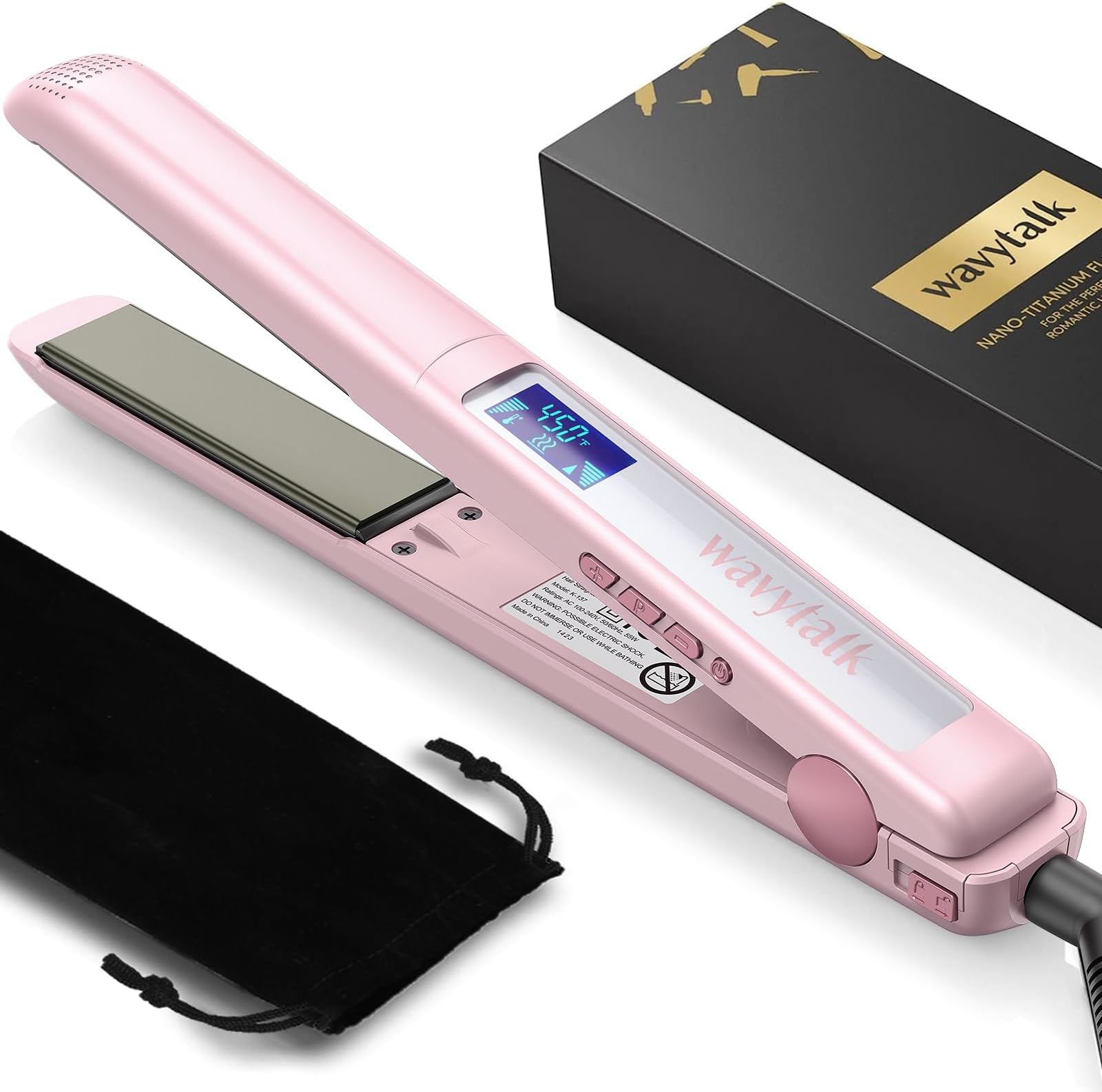 wavytalkSalon Flat Iron Hair Straightener, 1 inch Titanium Plates, Negative Ion Flat Iron for Hair with Dual Voltage, LCD Display, Auto Shut-Off (Pink)