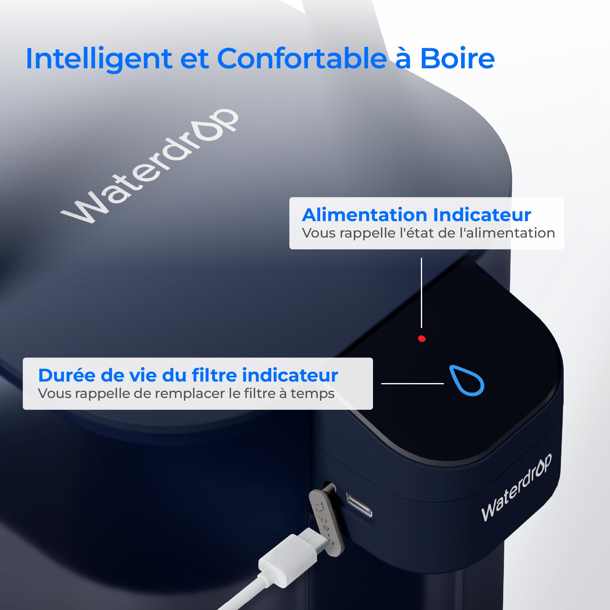 Waterdrop Carafe Filtrante Èlectrique Instantanée 3,5 L, Filtre à Eau de 3 Mois, Système d'Eau Potable Extérieur, Réduit le Calcaire, le Chlore, le Plomb, le Mercure, Blanc (avec Filtre de 1 757L)