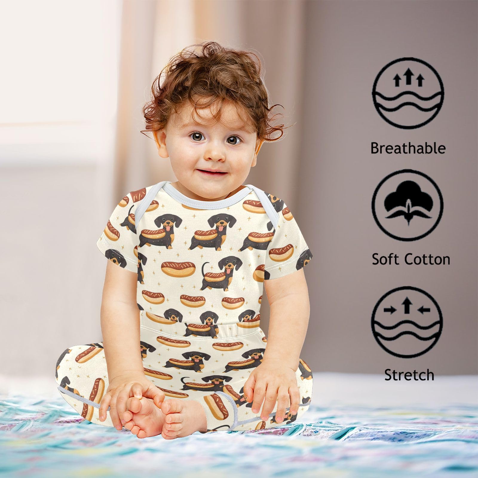 vvfelixl Baby Layette Sets Clothes,Cute Dachshund with Hotdog Baby Bodysuits Set,Unisex Babys Pants Sets Short Sleeve 12-18M