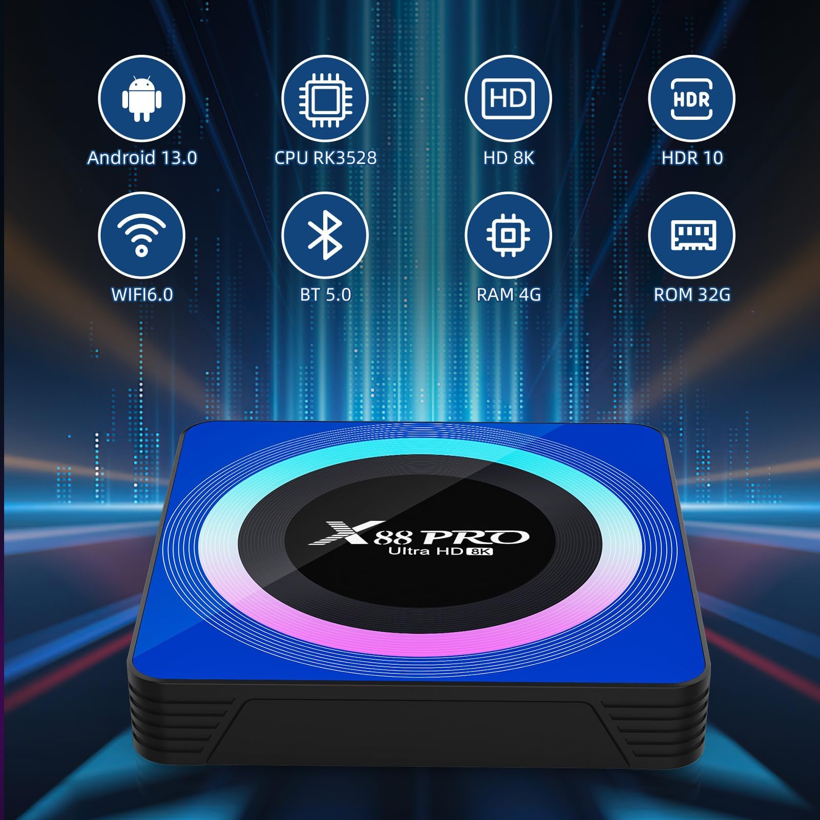 Android TV Box 13.0, Android Box 4GB RAM 32GB ROM RK3528 Quad-Core supporté 2.4G / 5G Dual WiFi6 BT 5.0 10/100M LAN Enternet 8K HD Boîtier TV Android