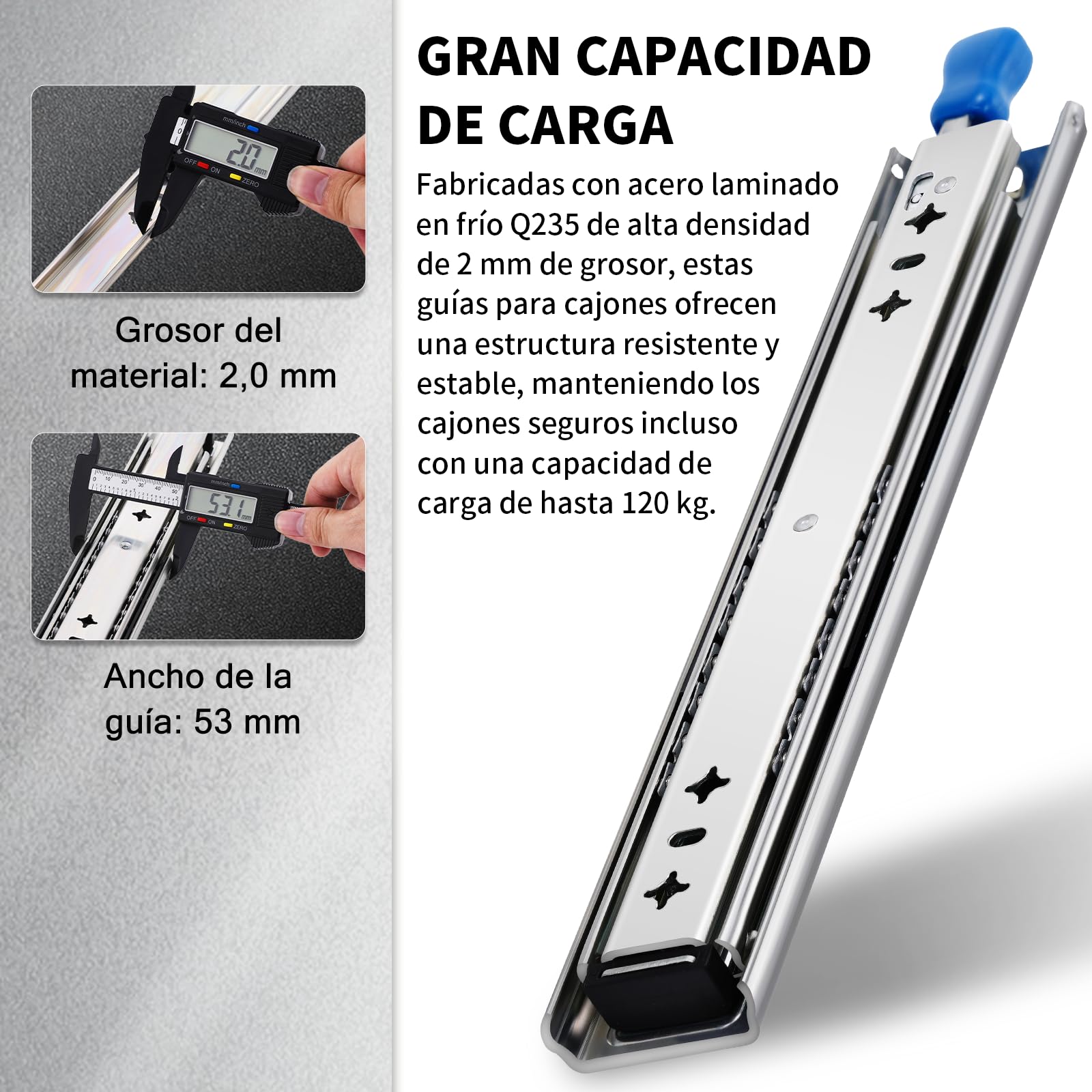 2 rieles de cajón con bloqueo de carga pesada, extracción completa, altura: 53 / L: 900 mm, cerradura 400 500 600 700 800 900 1000 mm, montaje lateral, guías de rodamiento de bolas de 95 kg, 1 par