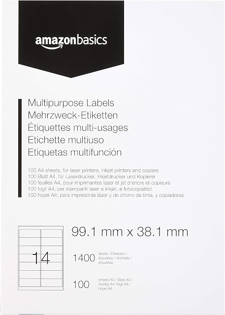 Amazon Basics Multipurpose Address Labels, 99.1mm x 38.1mm, 100 Sheets, 14 Label per Sheet, 1400 Labels