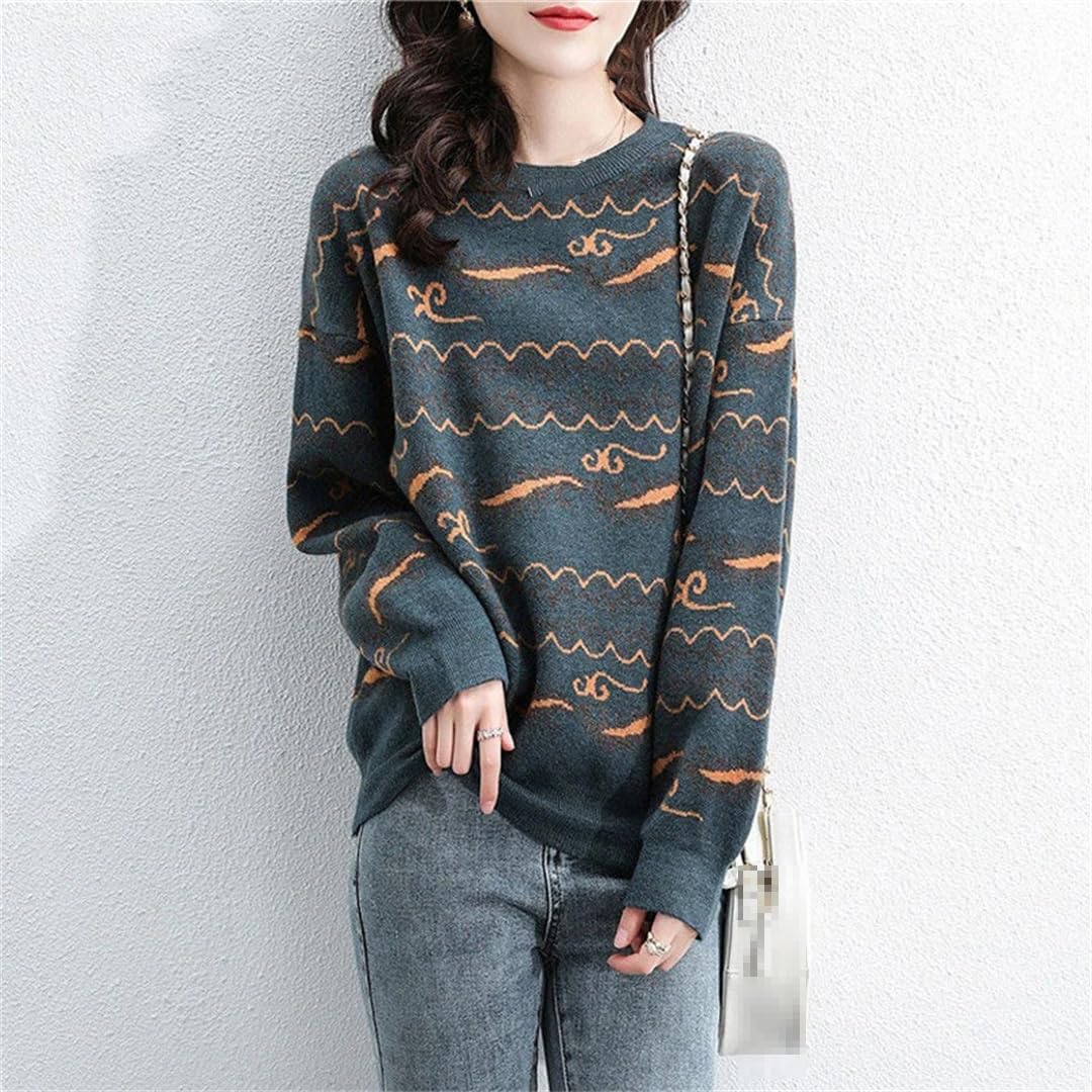 Jesienno-zimowa retro żakardowy sweter z dzianiny z okrągłym dekoltem damski na co dzień z długim rękawem wąski sweter top