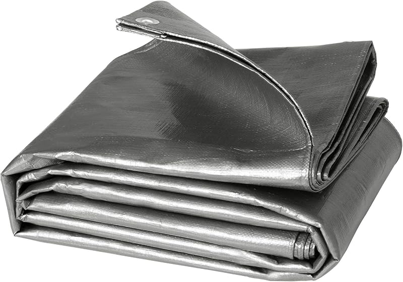 WOLTU Outdoor Protective Tarpaulin, 180 g/m² PE Tarpaulin with Eyelets, Heavy Duty Coated Aluminium Waterproof Cover for Wood Trucks, Swimming Pools, 4 x 8 m, Grey