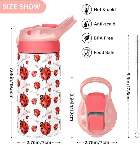 Miniatura 3 de ALAZA Botellas de agua para niños con tapa con diseño de mariquita con diseño de insectos divertidos y pajita, botellas de agua de acero inoxidable