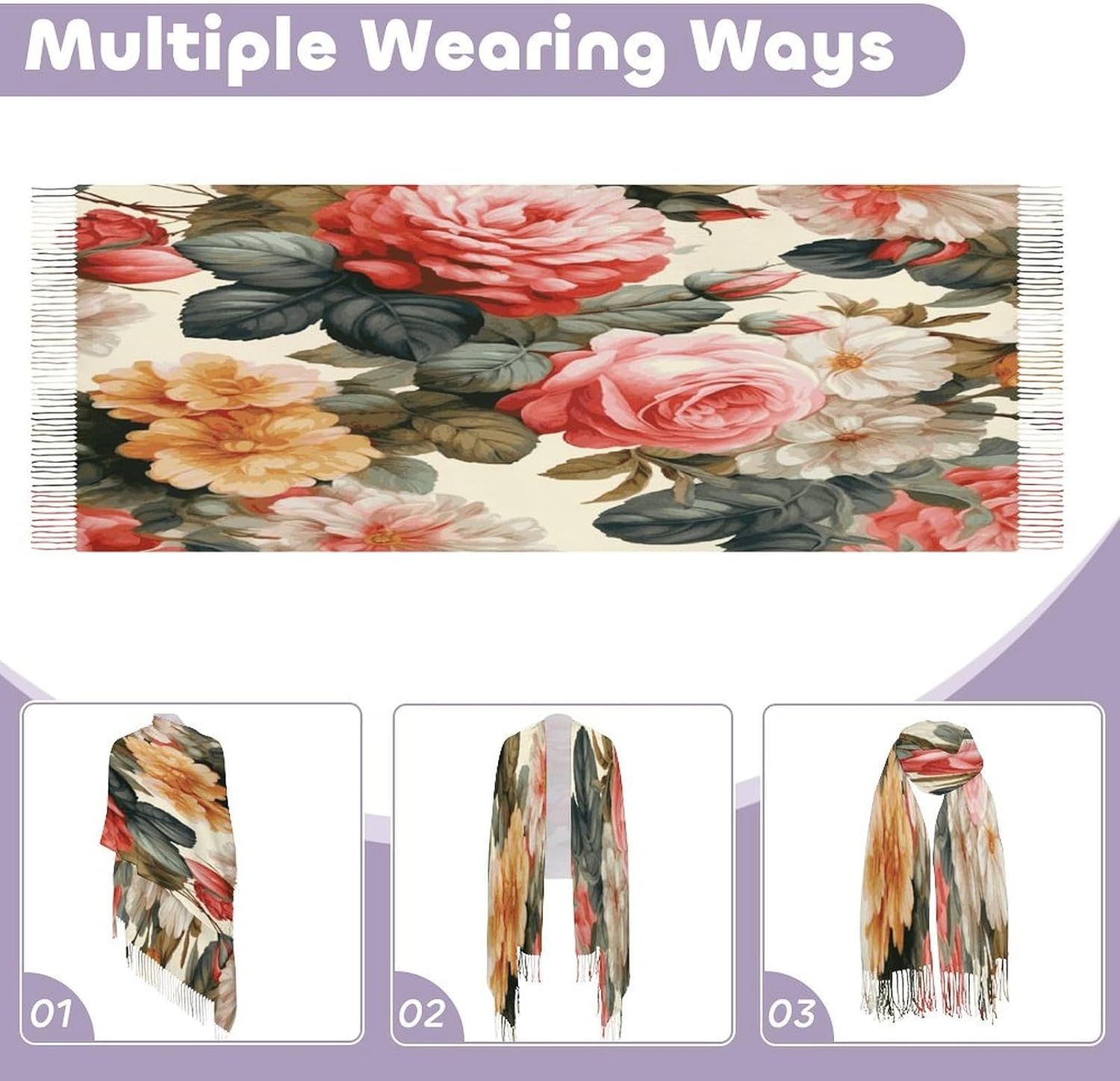 Vintage Floral Scarf for Women Men Soft Warm Fashion Blanket Scarves Classic Cashmere Feel Scarf Long Shawl Large Scarves Cold Weather Thick Blanket Scarfs