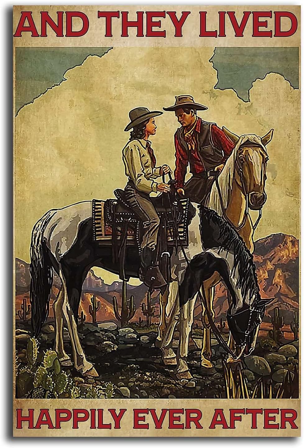 With Frame Vintage Retro Couple Poster Cowboy And They Lived Happily Ever After Poster Cowboy Poster Cowgirl Poster Cowboy Art Canvas Prints Wall Art for Living Room 12x18inch Wooden Framed