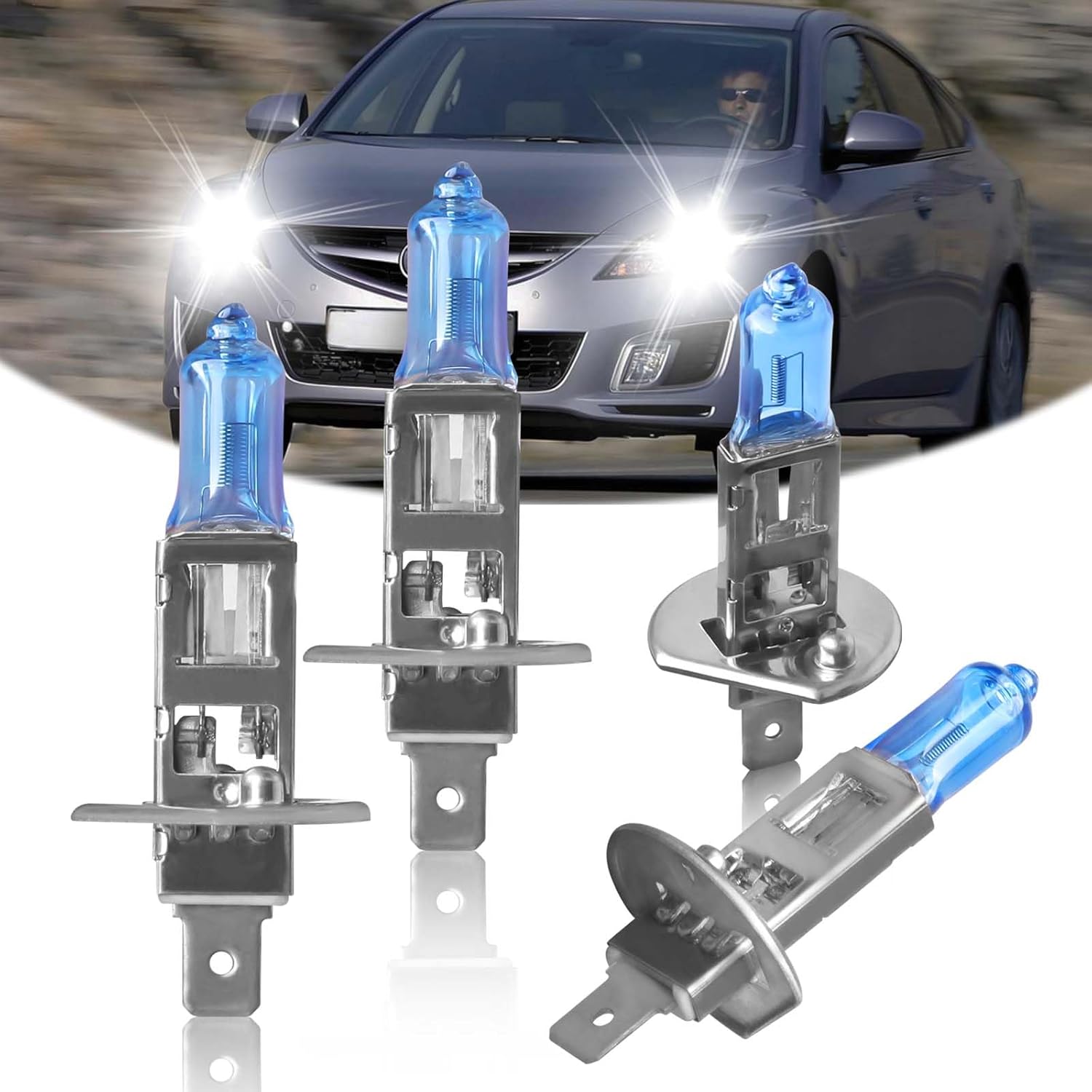 Fit for 2003 2004 2005 2006 2007 2008 Mazda 6,H1 H1 High Low Beam High Performance Halogen Headlight Bulbs,IP68,plug and play,5000K White Light,4 pack