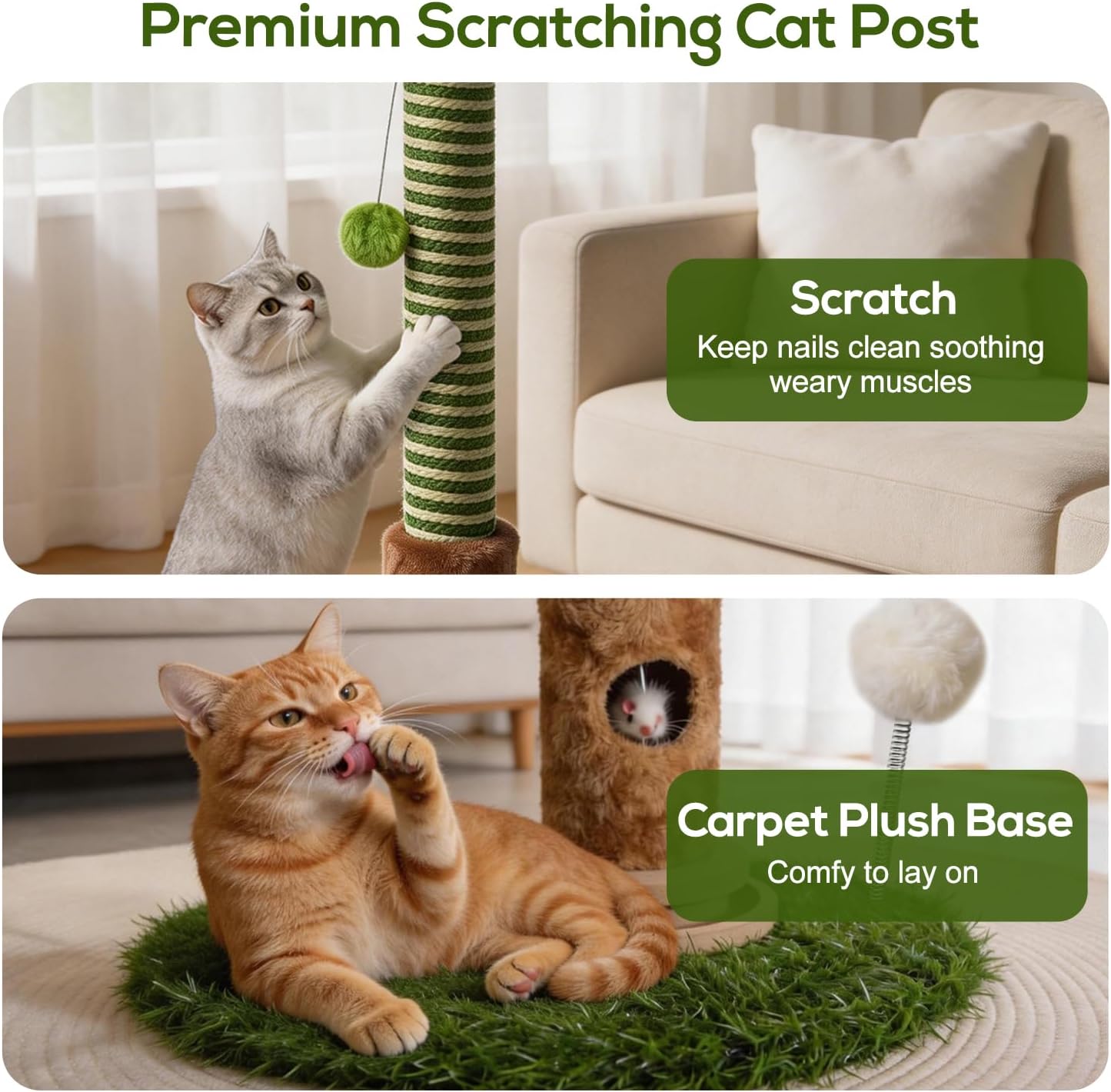 40'' Tall Cat Scratching Post Indoor for Large Cats, 3.5" Thick Natural Sisal Rope Cat Scratcher, Sturdy Indoor Cat Scratching Posts with Interactive Play Balls for Adult Cats Kittens