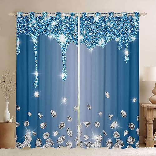 Miniatura 1 de (2 paneles, 38 x 45 pulgadas con estampado de purpurina (sin purpurina) con diamantes para oscurecer las cortinas azules y plateadas brillantes para