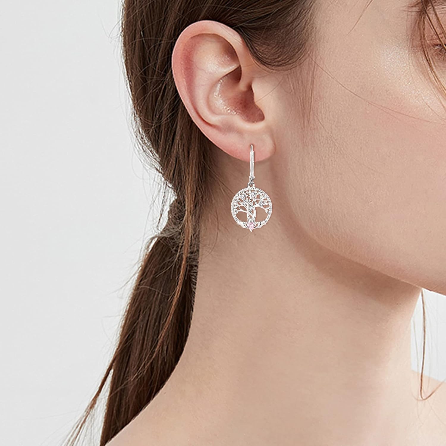 JO WISDOM Women Celtic Heart Claddagh Earrings,925 Sterling Silver Tree of Life Yggdrasil Drop & Dangle Leverback Earrings with 3mmx3mm Heart Cut 5A Cubic Zirconia - Image 2