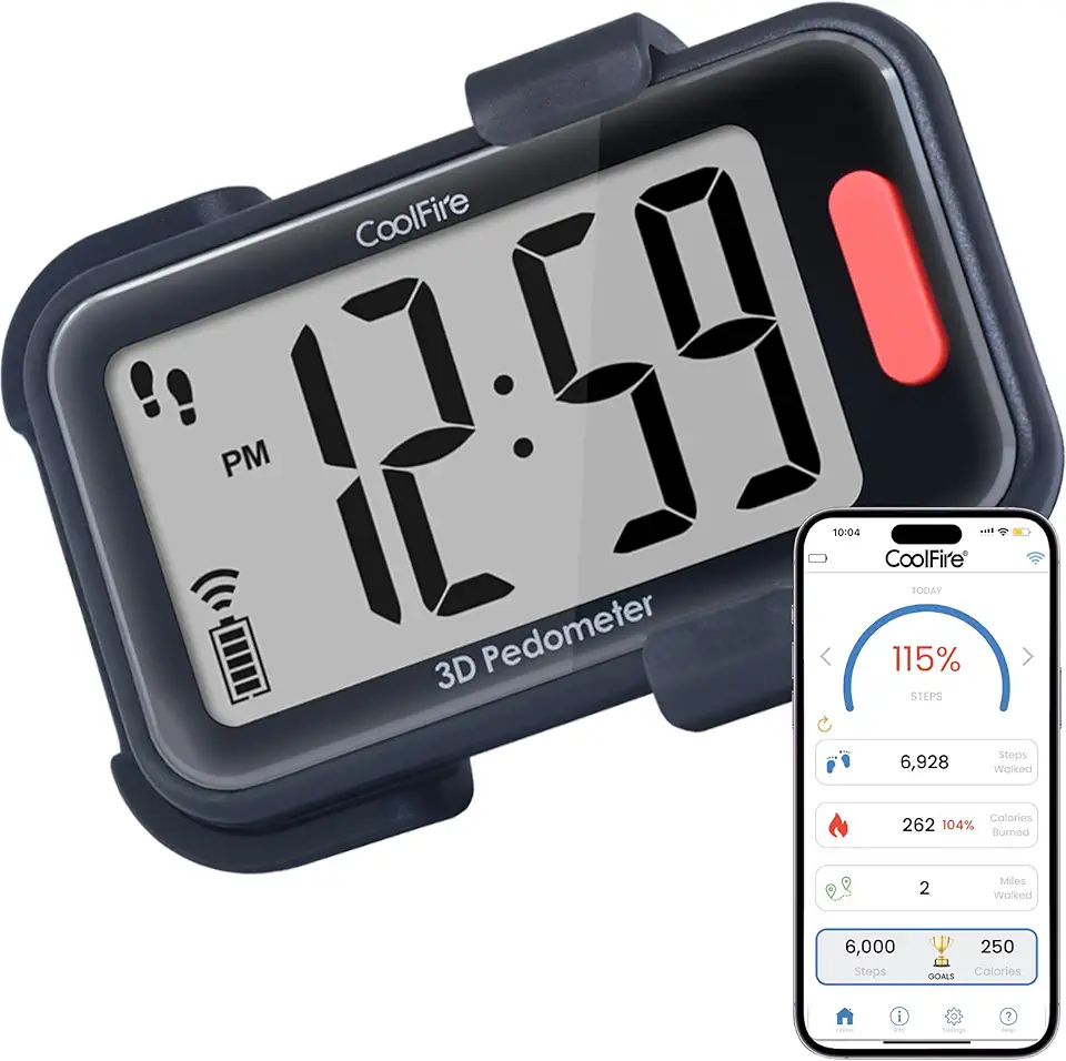 CoolFire - Pedometer, 2025 Indoor & Outdoor 3D Clip-On Pedometer, Accurate Step Counter for Walking Steps and Miles, Calories, Ankle Step Tracker for Fitness, Optional App