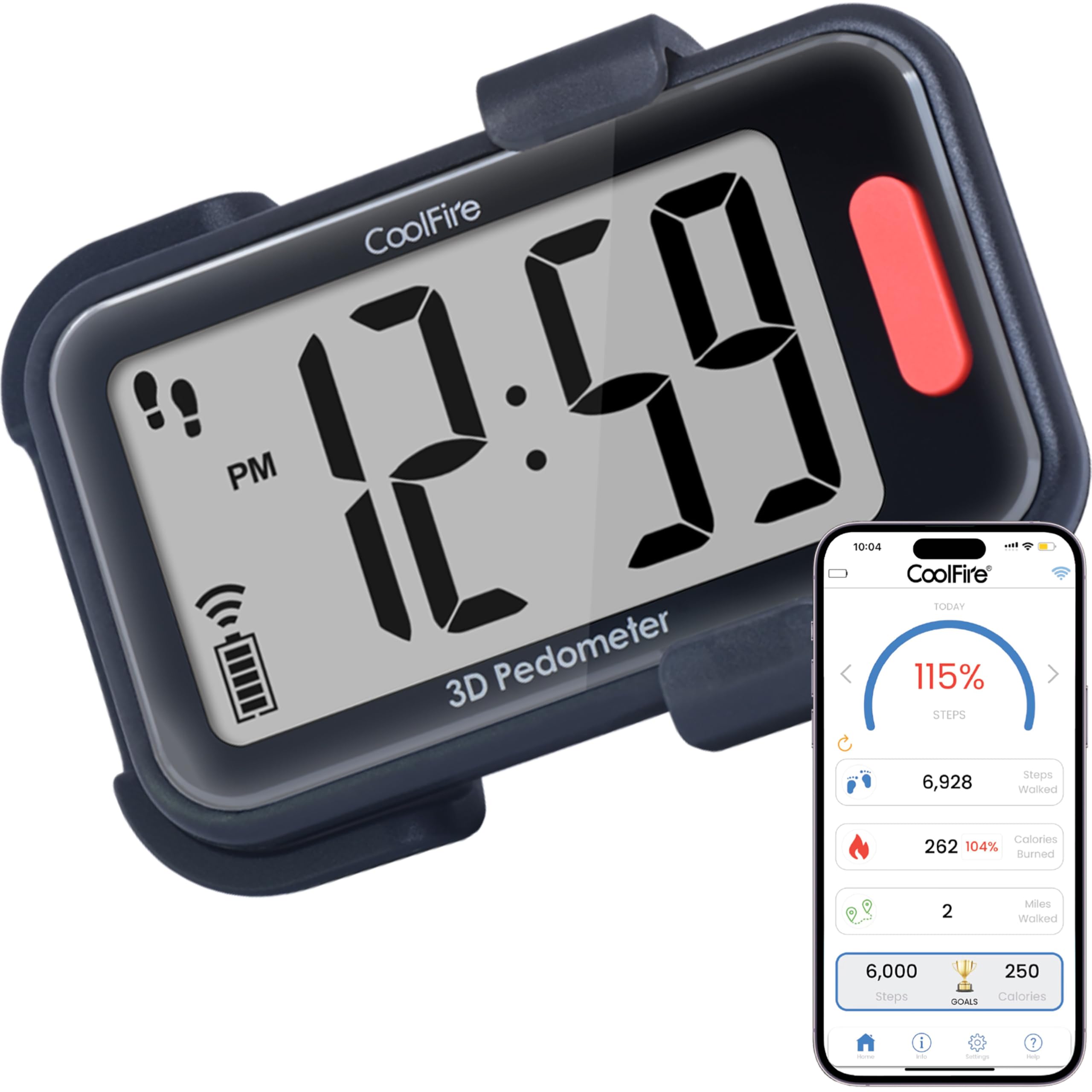 CoolFire - Pedometer, 2025 Indoor & Outdoor 3D Clip-On Pedometer, Accurate Step Counter for Walking Steps and Miles, Calories, Ankle Step Tracker for Fitness, Optional App