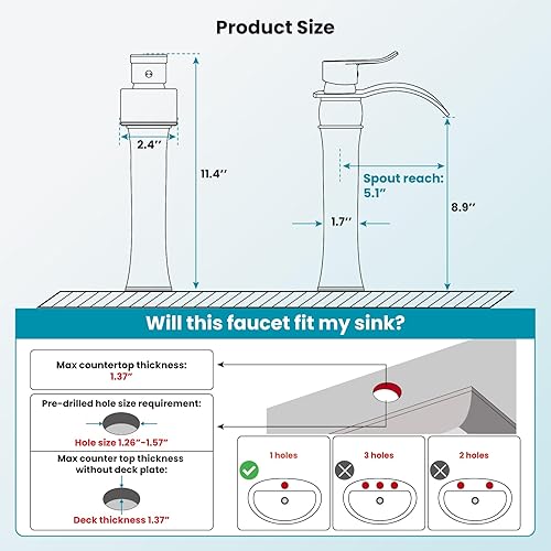 Miniatura 3 de gotonovo Grifo de fregadero de cascada para fregadero de 1 agujero, grifo alto de lavabo de baño de una sola manija, grifo de baño de cascada de
