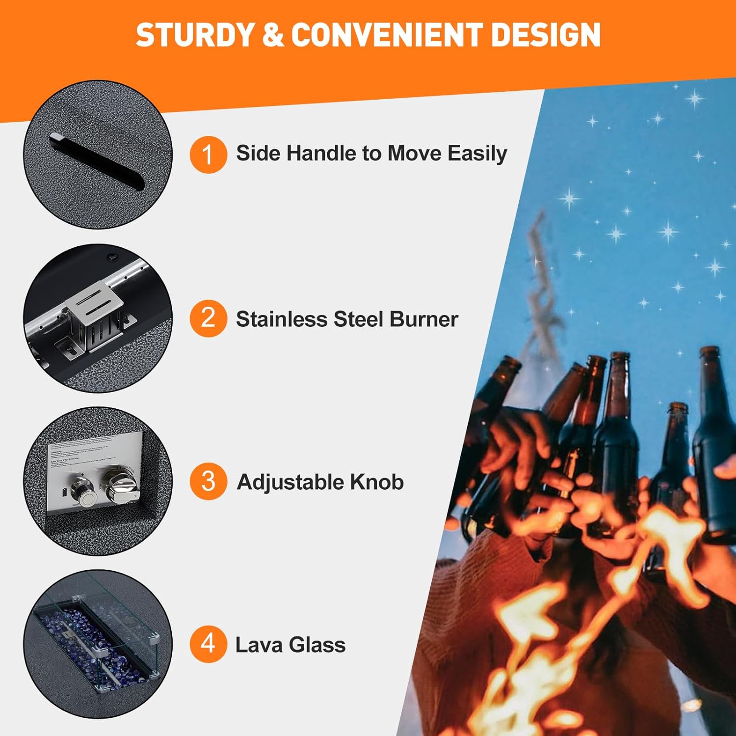 Outdoor Fire Table, 48 inch Rectangle Propane Gas Fire Pit Table, 50,000 BTU Modern Firepit with 16 inch Tank Cover Side Table, Wind Guard, Fire Glass, Rain Cover