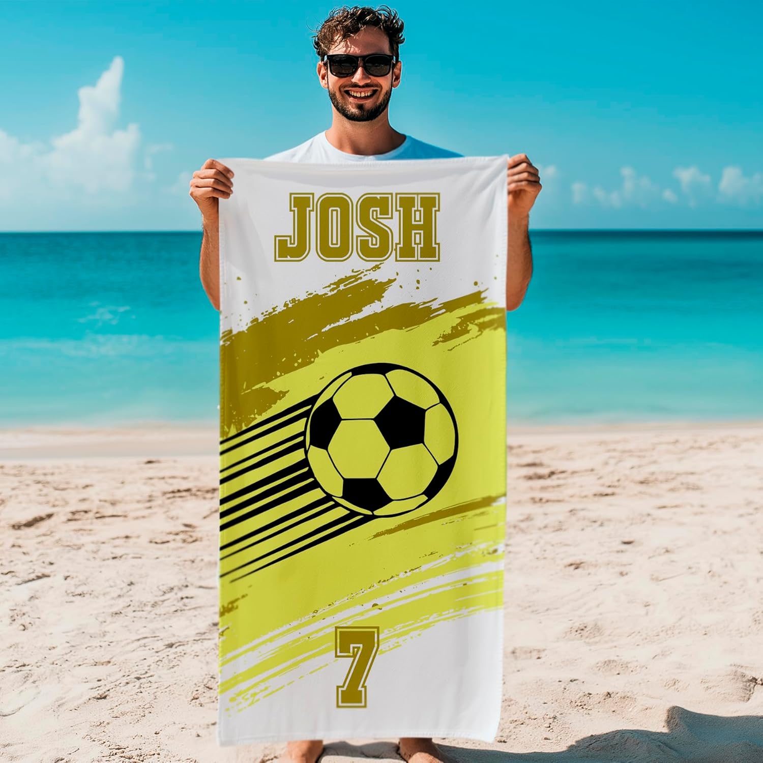 Factory4me Soccer Beach Towels for Boys Men, Personalized Beach Towels with Names Jersey Numbers for Kids Adults, Soccer Team Gifts for Coach Teammates, Pool Towel 30 x 60 Quick Dry T286
