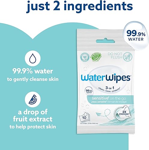 Miniatura 3 de WaterWipes Toallitas On The Go, toallitas 99.9% a base de agua para viajes, deportes y para refrescar la piel, sin perfume e hipoalergénicas, 28