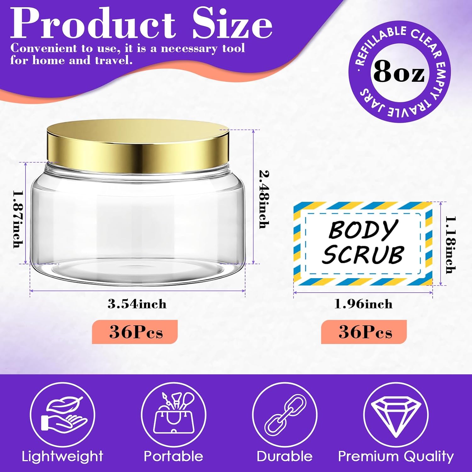 36 Pack 8 oz Plastic Cosmetic Containers With Lids Refillable Clear Empty Travel Jars Containers for Body Butter,Sugar Scrubs,Cream,Lotions,Candy, Waterproof Label&Spatulas - (Gold)