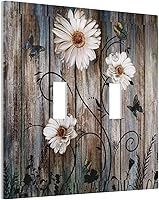 Vista 26 de Cubierta de interruptor de luz basculante de palanca de 2 bandas con textura de tablón rústico, diseño floral de mariposa y margarita