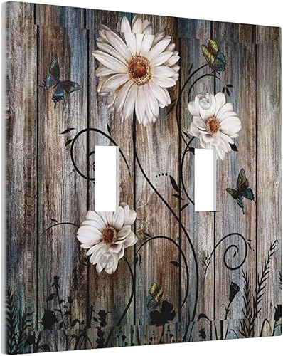 Miniatura 26 de Cubierta de interruptor de luz basculante de palanca de 2 bandas con textura de tablón rústico, diseño floral de mariposa y margarita