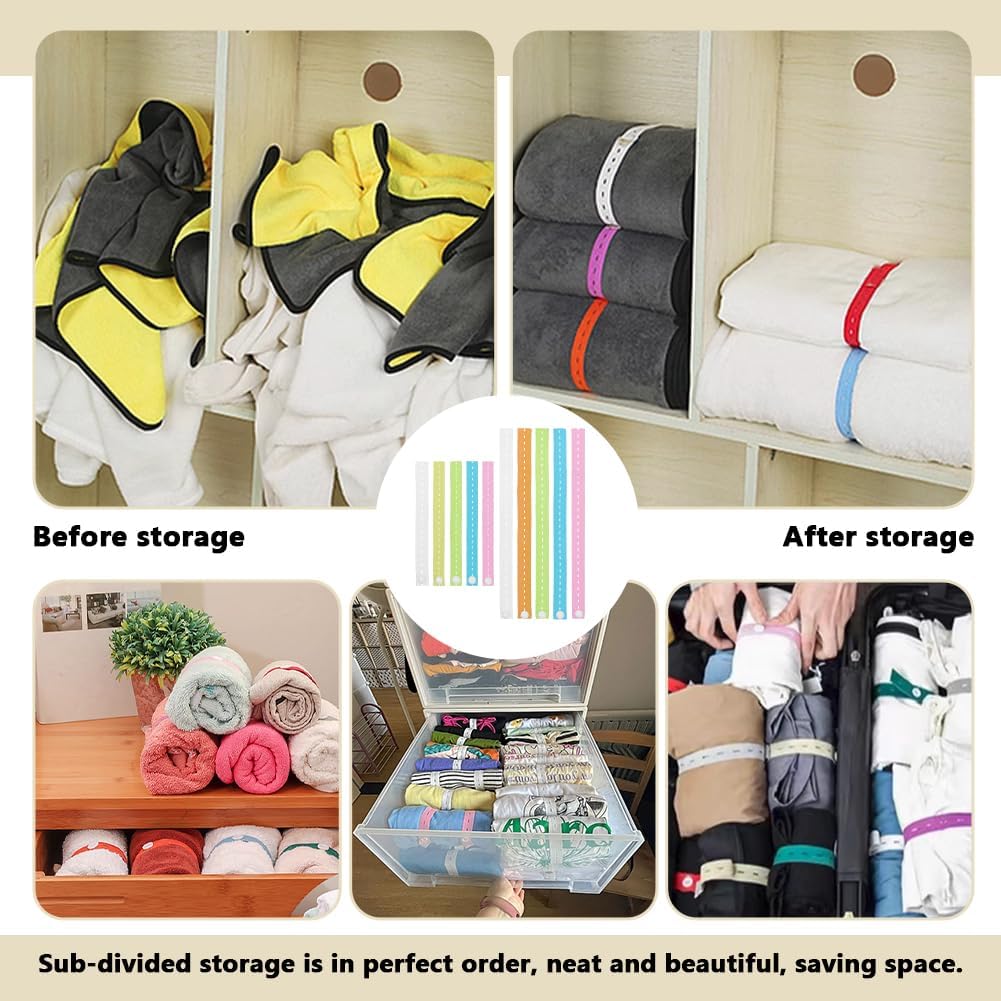FINGERINSPIRE 100PCS Elastic Storage Bands 2 Size Mixed Color Adjustable Clothing Storage Strap Roll-Up Binding Straps with 100PCS Plastic Clasp for Packing Drawer Luggage Blanket