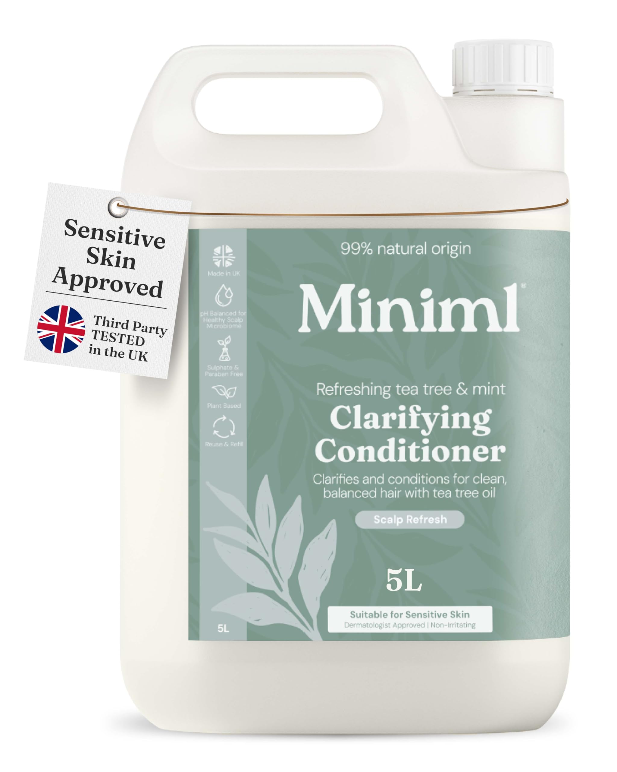 Miniml Natural Hair Conditioner Eco Friendly - 5L Refill Tea Tree & Mint Men and Womens Sensitive Scalp & Skin Cruelty Free Vegan Formula - for Greasy, Curly, Dry Hair