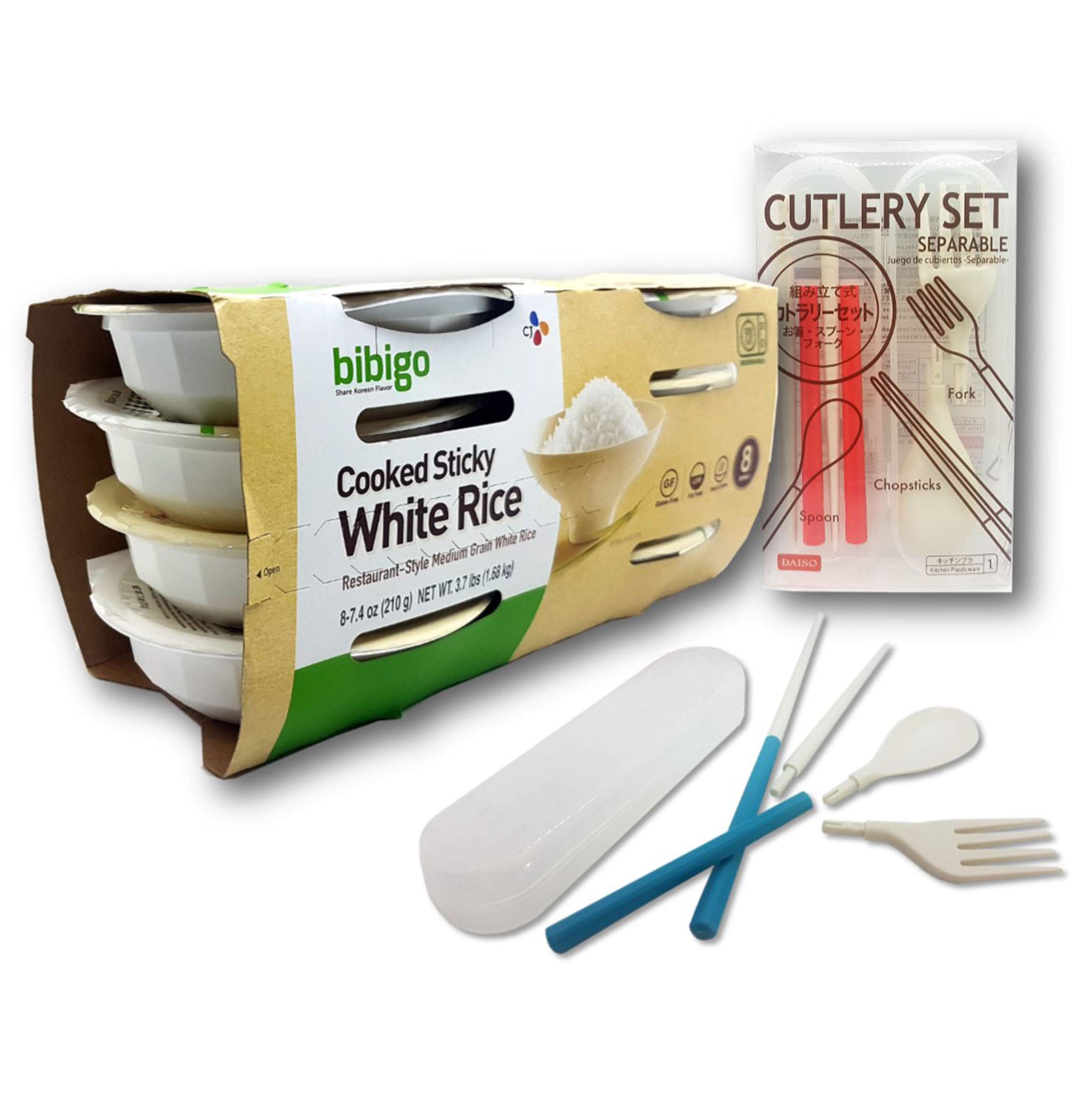 Bibigo Cooked Sticky White Rice Bowls Restaurant-Style Microwavable with Interchangeable Collapsible Cutlery Set 8 - 7.4 Oz.