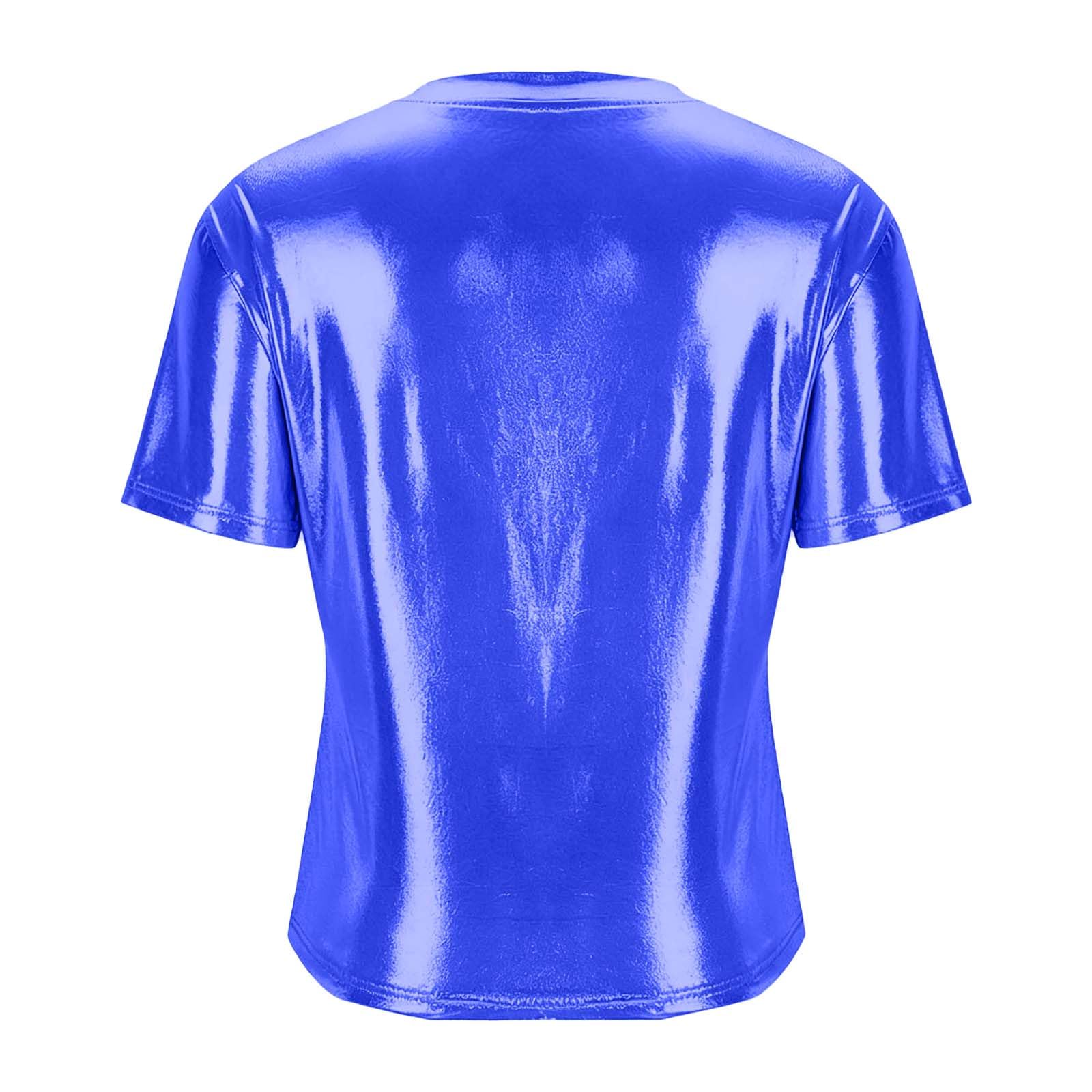 Silver Metallic Look Tops Women Glitter Space Alien Costume 80s Style Party Dance Disco Carnival Blouse Shiny Holographic Tunic Fitted Short Sleeve Tops Festival Hip-Hop Disco Club Clothing - Image 5