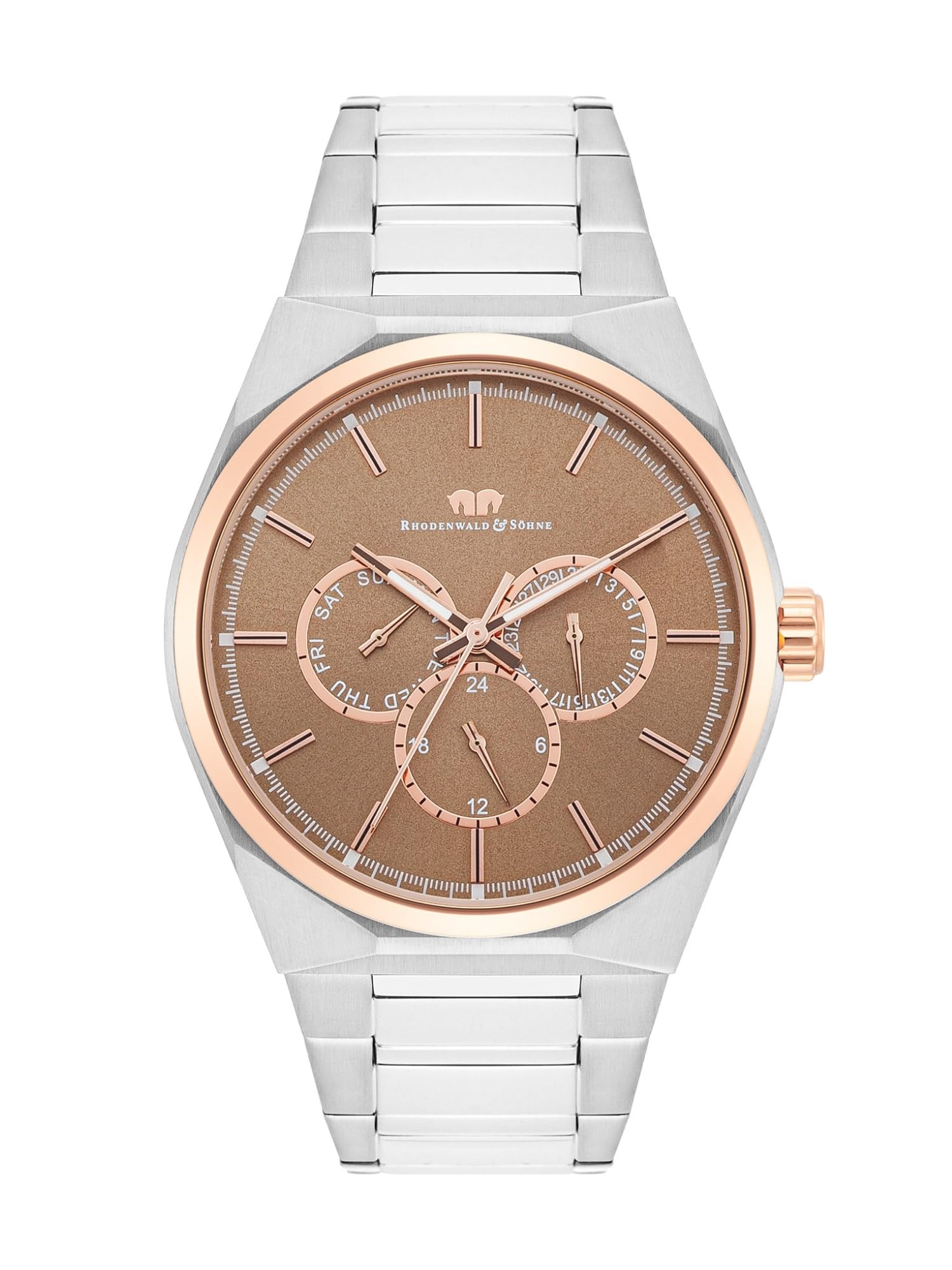 Rhodenwald & Söhne Herren Uhr Edelstahl roségold/Silber Quarzwerk 5 ATM | Edelstahl Armband, silber, Gliederarmband, Multifunktion(en), Zifferblatt bronze, Mineralglas, Armbanduhr