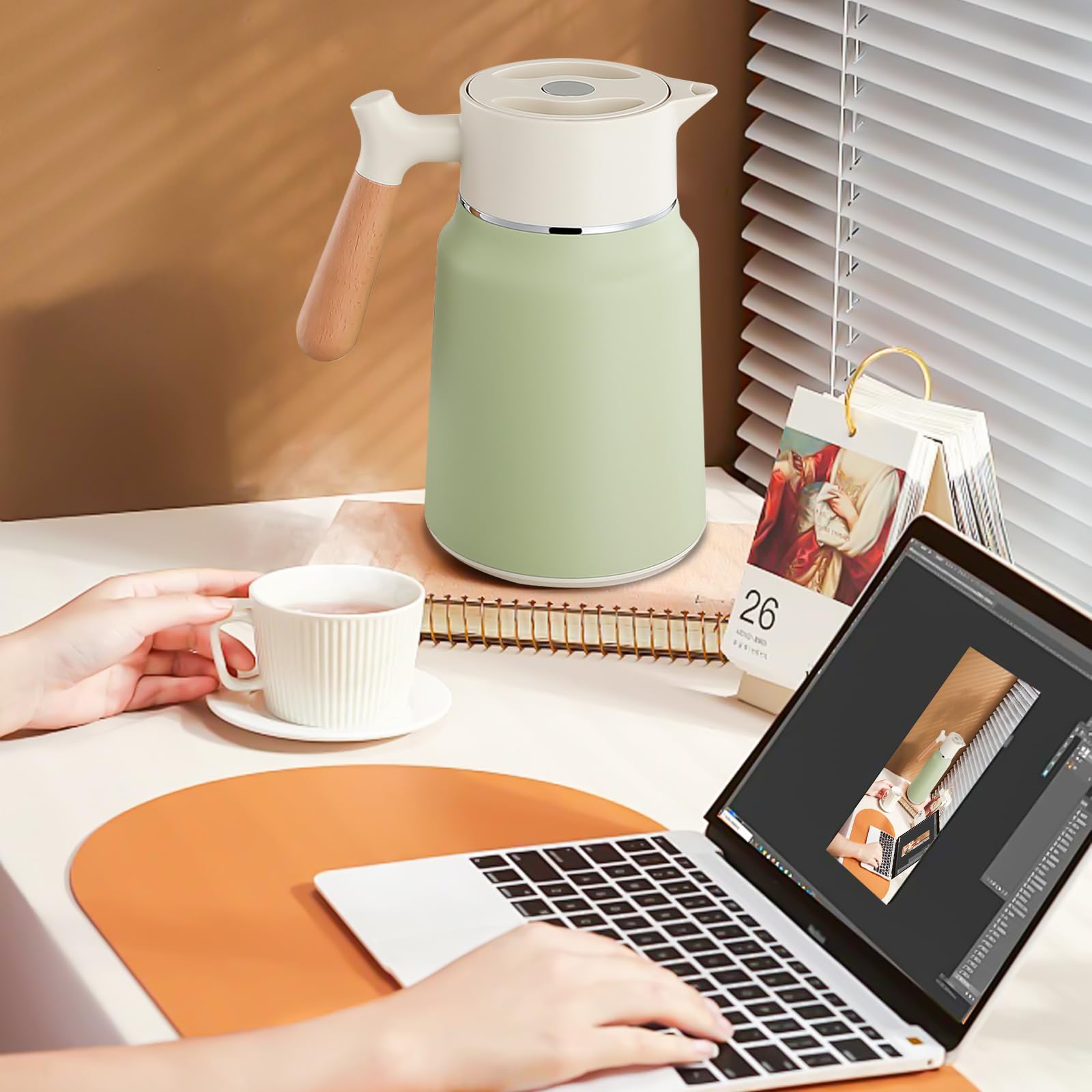 Cafetière isotherme en acier inoxydable de 1,5 l - Double paroi d'isolation sous vide - Avec poignée aspect bois - Pour eau, café, thé, boisson (blanc + vert)