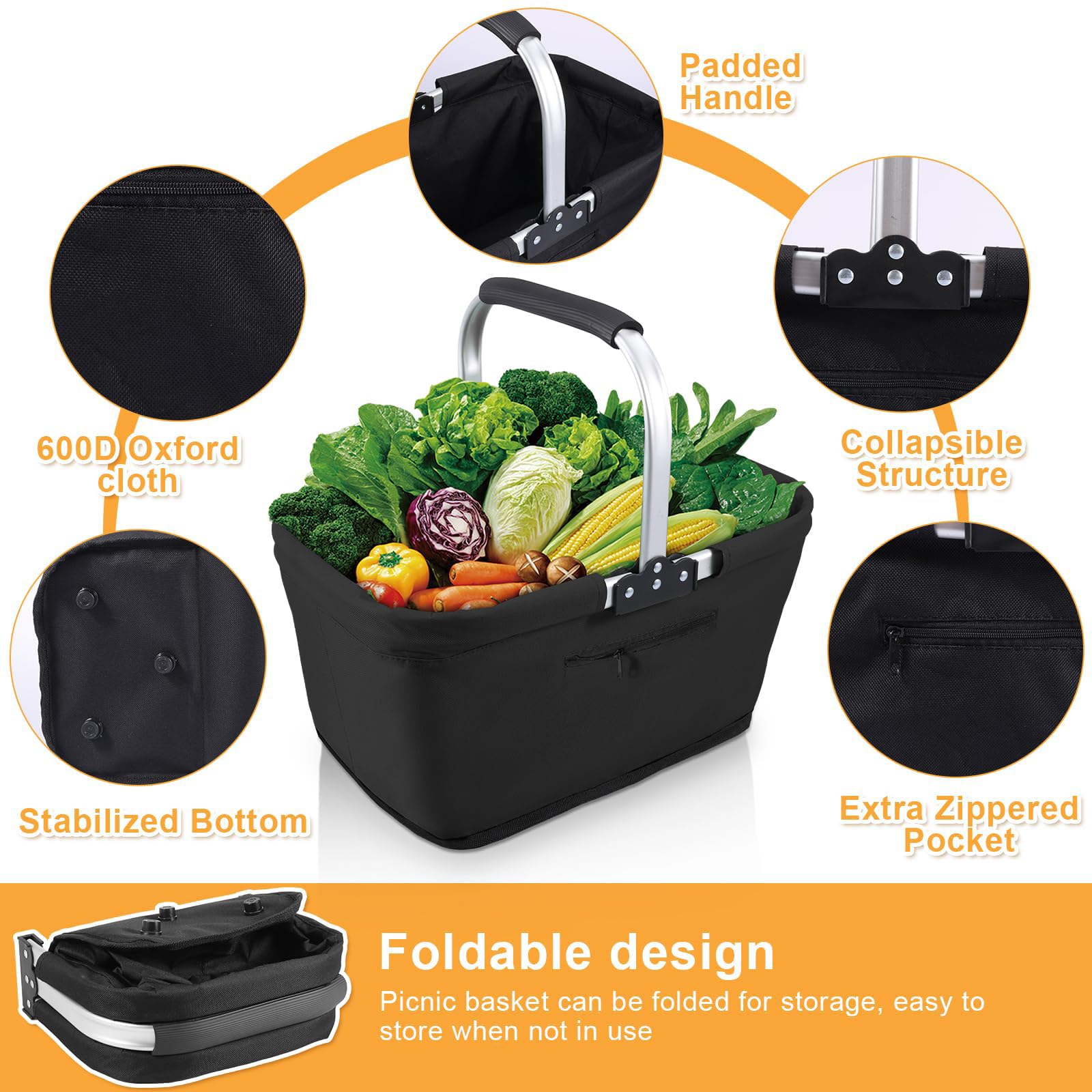 Einkaufskorb, 26L Cesta de Compras Plegable, Resistente y Gran Capacidad, Ideal para Familia, Compras, Viajes y Camping (Negro)