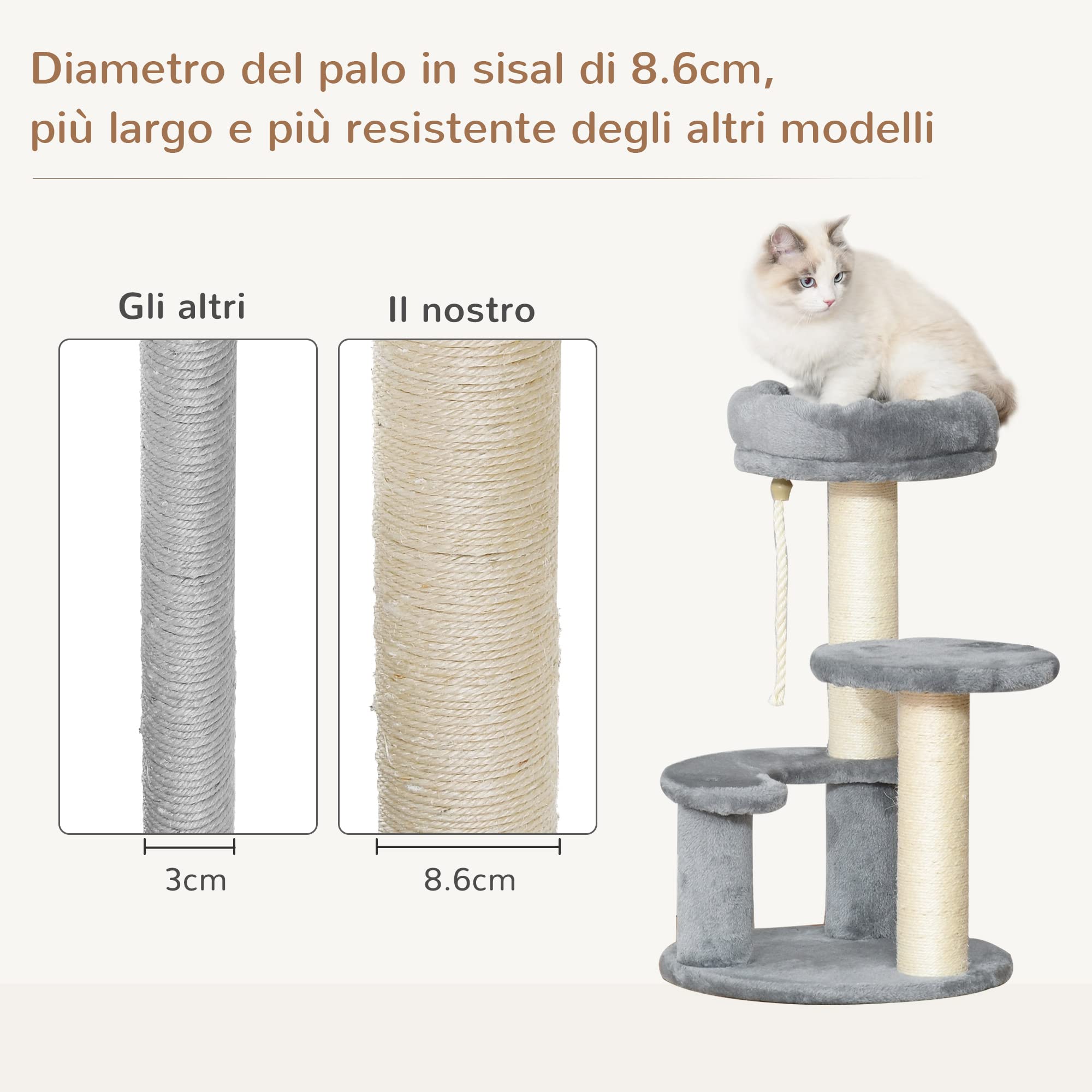PawHut Albero Tiragraffi Gatti a 3 Livelli in Peluche Sisal Naturale Grigio Ф40x65cm | Piattaforme, Lettino, Pali in Sisal, Torre per Gatti, Rivestimento in Peluche