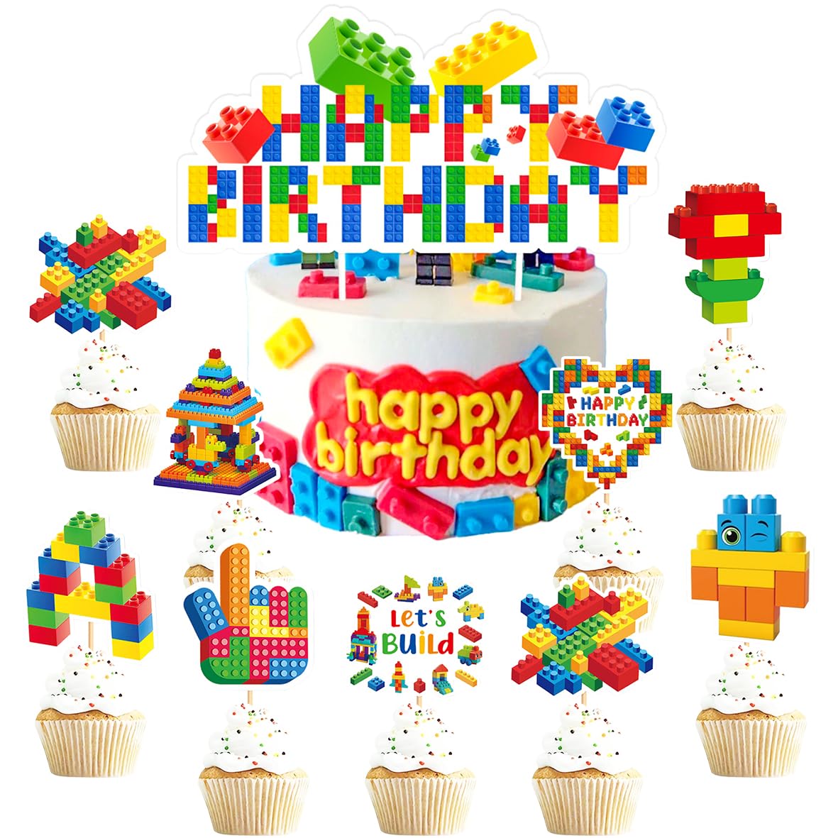SANYUANHE Pack of 25 Teenage Children Building Block Cake Decoration, Building Blocks Cupcake Toppers, Happy Birthday Cake Decoration, Children's Birthday Decoration