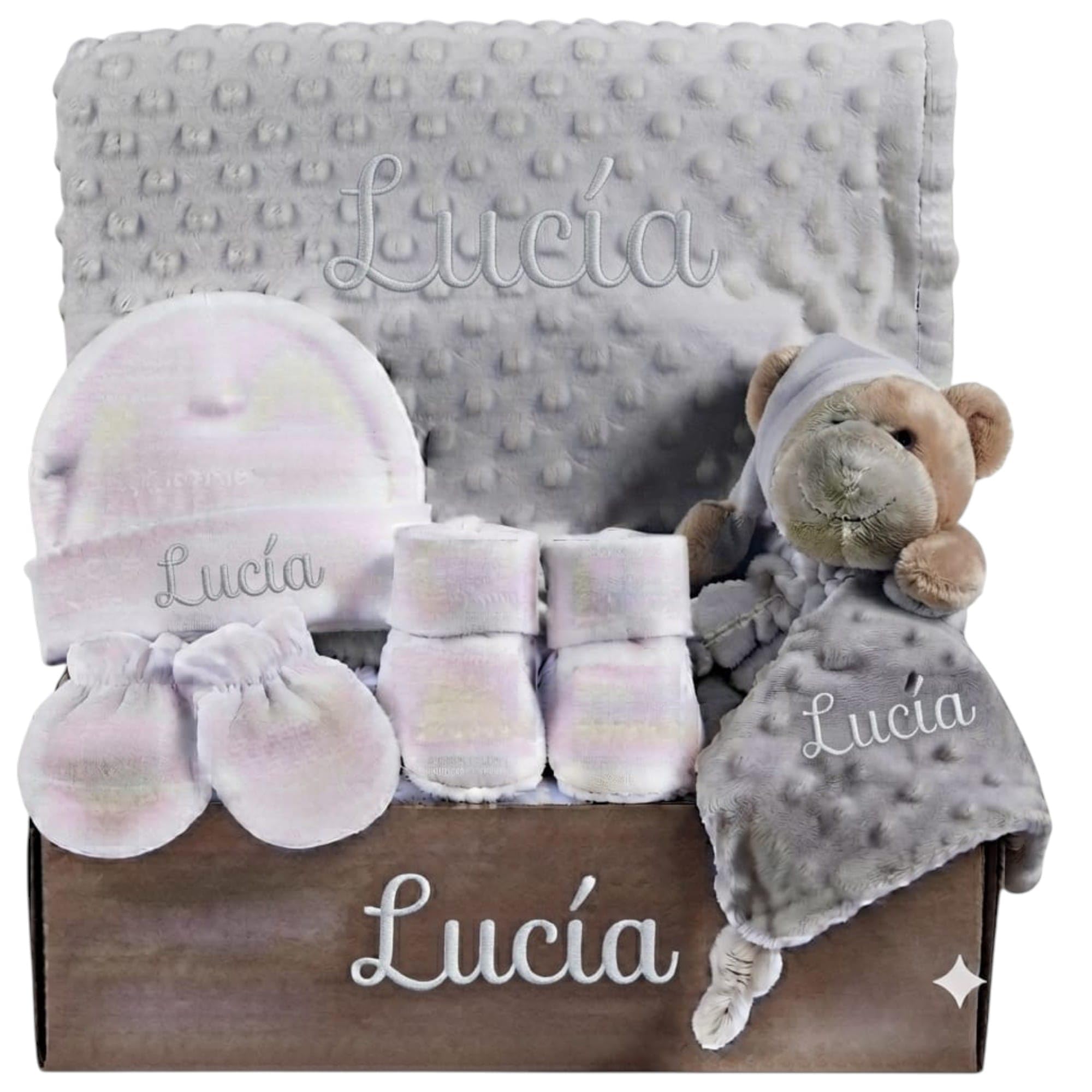 Cesta de Regalo Bebé Recién Nacido Personalizada con Nombre – Set de Canastilla de Manta y Doudou Bordados, Gorro con Vinilo y Caja Presentación (Gris)