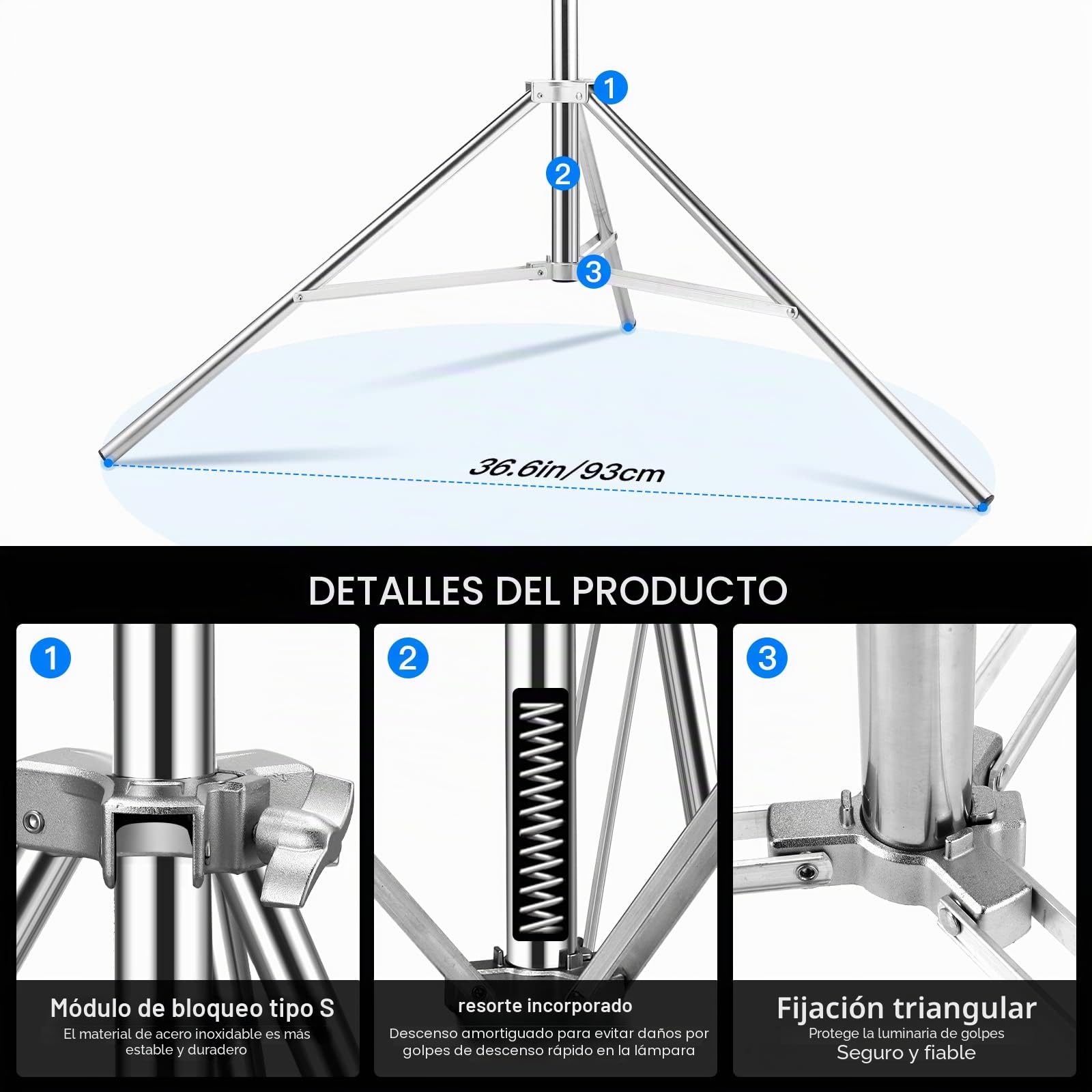 2,8 m Trípode Inoxidable con Amortiguador de Resorte Trípode Resistente con Adaptador Universal de 1/4" a 3/8", Soporte Ajustable para Retrato Fotografía de Estudio, 2 Unidades