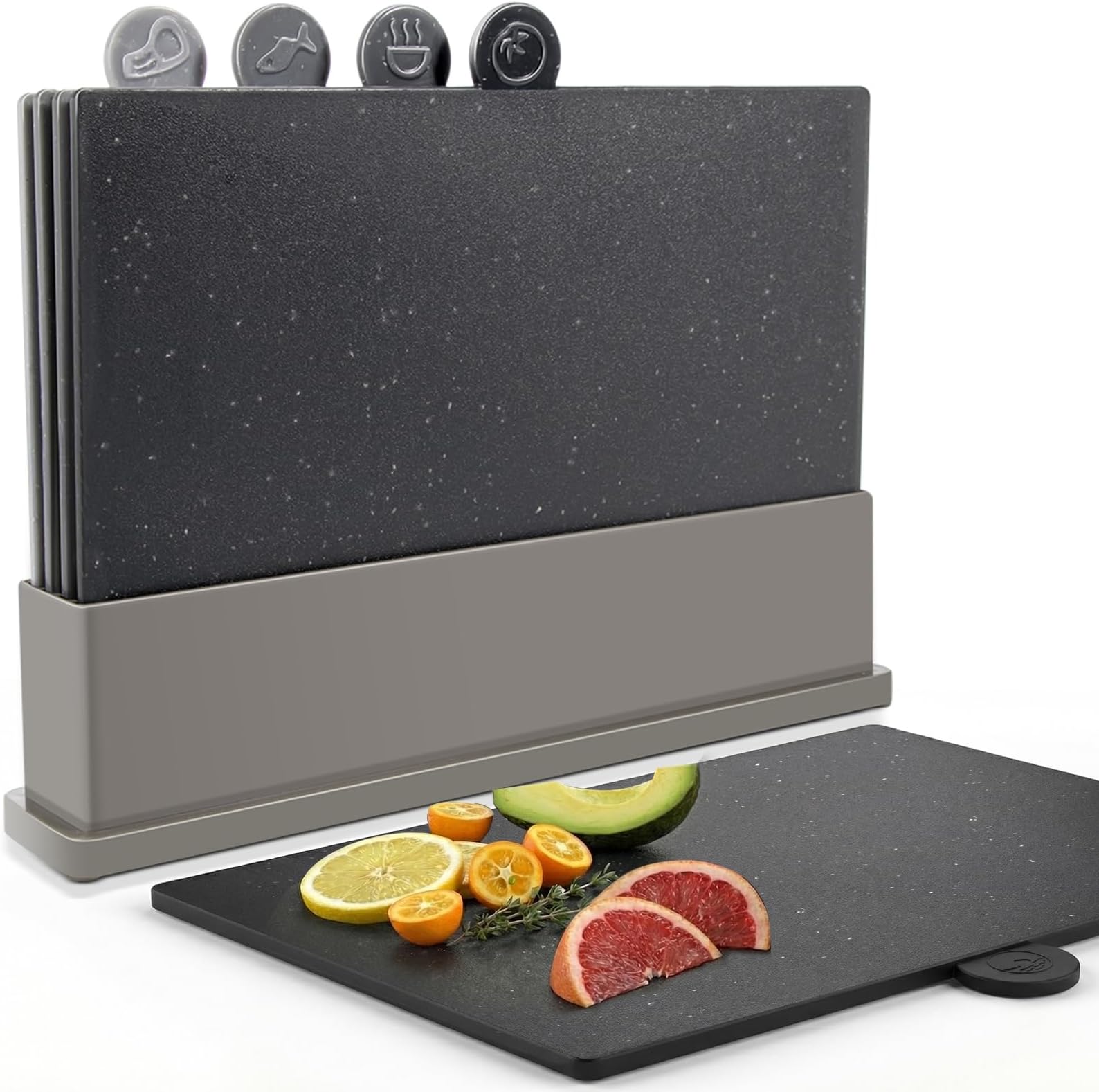 – Masthome Chopping Board Set, Dishwasher Safe Plastic Cutting Board with Stand & Food Icons, 4pcs Non Slip Index Chopping Board for Kitchens Meat Vegetables and Bread, BPA-Free, 31.5x21.5 cm, Black