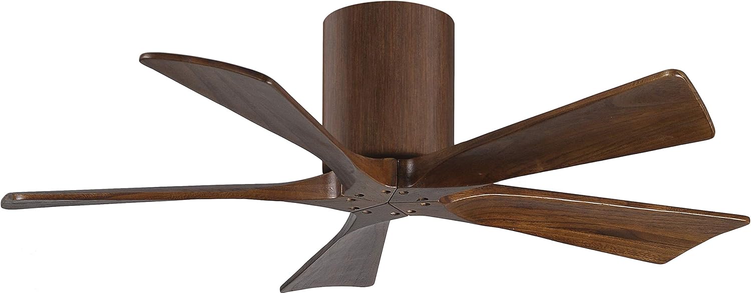 Matthews IR5H-WN-WA-42 Irene Damp Rated 42" Flush Mount Ceiling Fan with Remote & Wall Control, Silent DC Motor, 5 Walnut Tone Solid Wood Blades, Walnut Tone