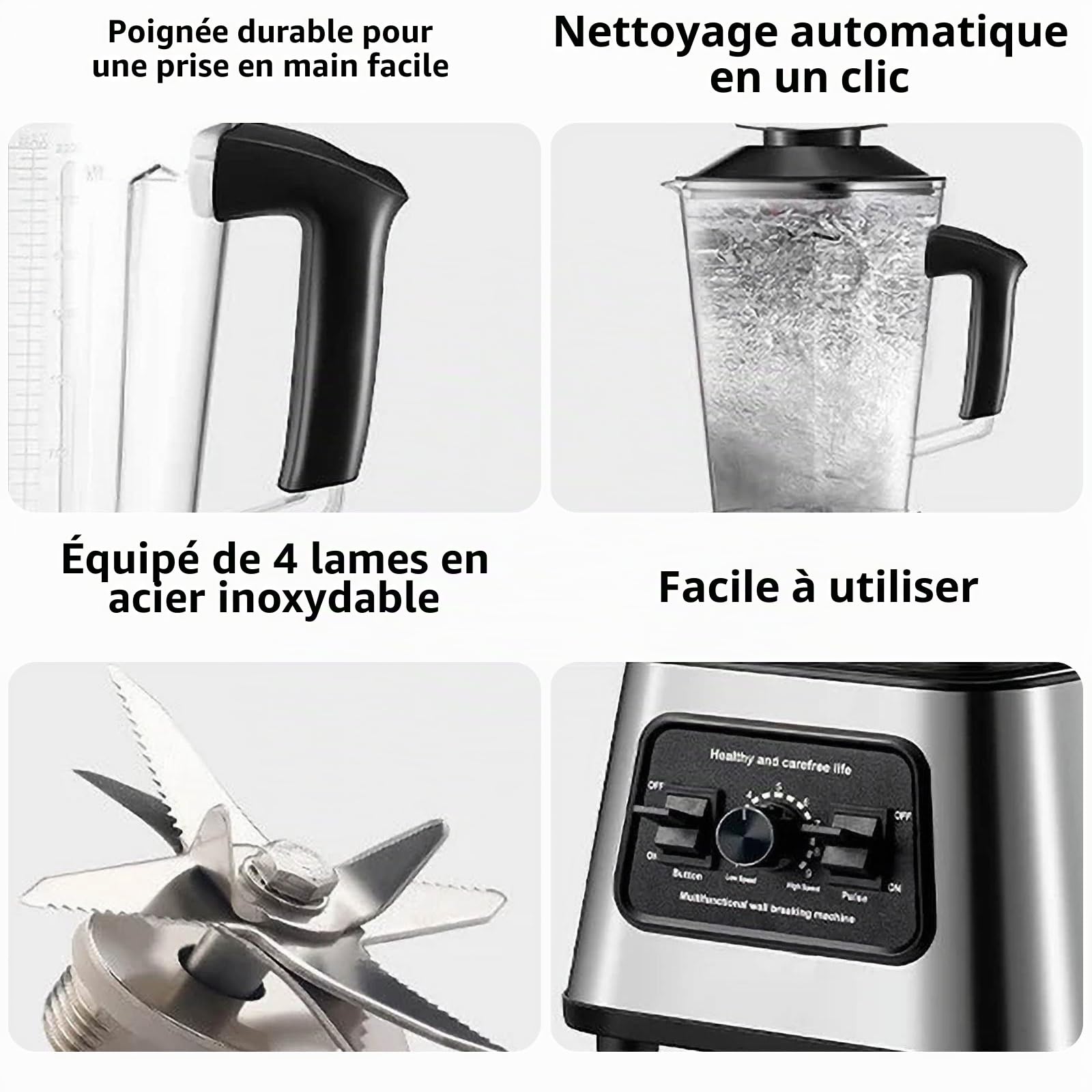 Mixeur Multifonction 6000W, 2 en 1 pour jus et smoothies avec 9 vitesses réglables, 2 pichets, 4 lames en acier inoxydable, mixeur de cuisine pour smoothies, jus de fruits et légumes