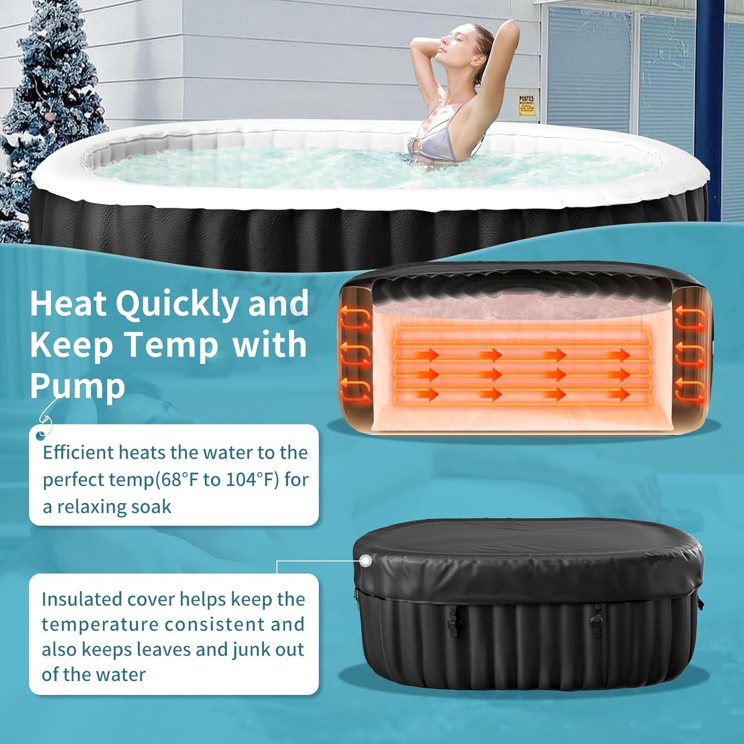 Inflatable Blow Up Hot Tub with Side Table, 2 Person Oval Portable Hot Tub Spa, Leak-Proof PVC Outdoor Spa with 100 Air Jets, Heater Pump and Insulated Cover, 75” L X 47”W X 25”H