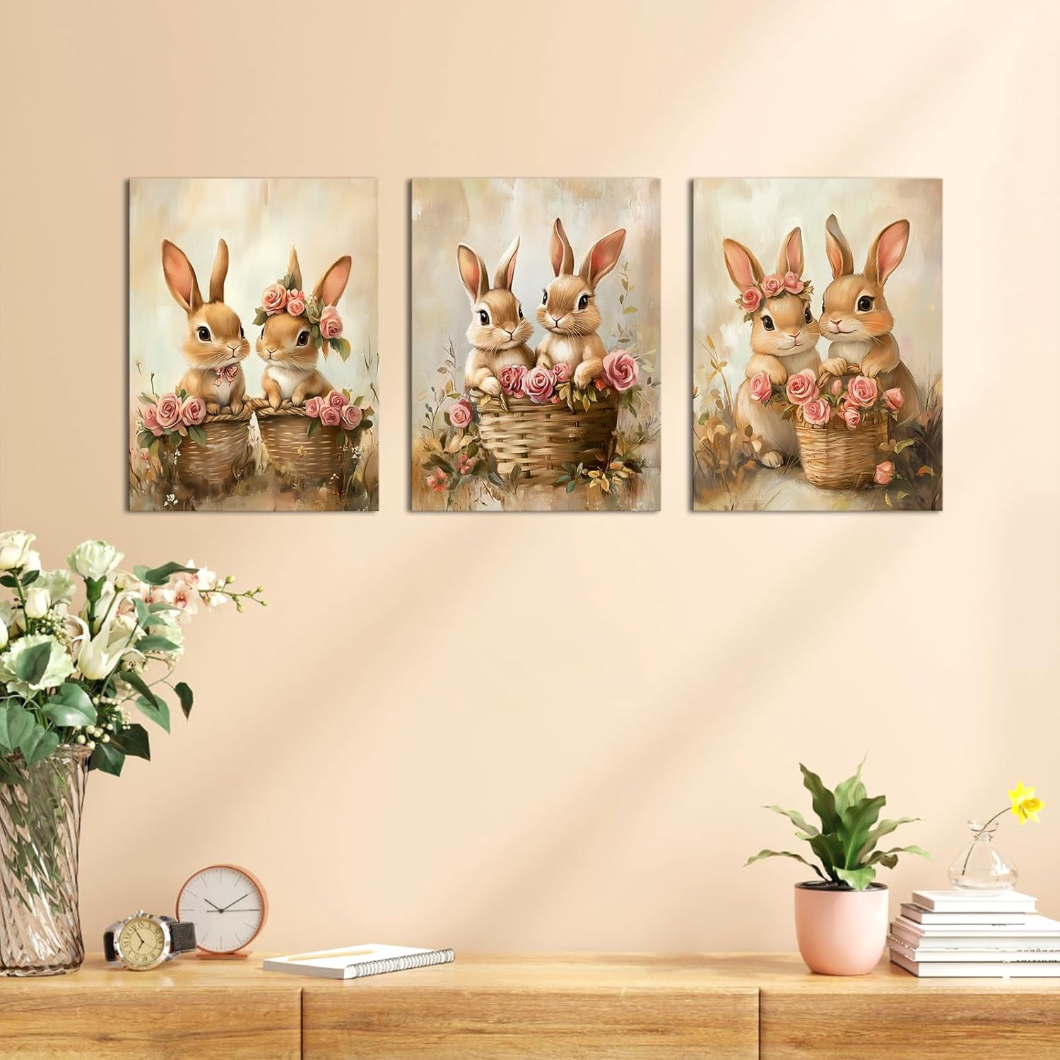 PoGoXiPoYo 3 Pieces Canvas Wall Art Cute Bunny and Rose Flowers Pictures Print Vintage Painting Farmhouse Rabbit Couple Artwork Easter Themed Wall Decor for Bathroom Bedroom Kids Room 12"x16"x3