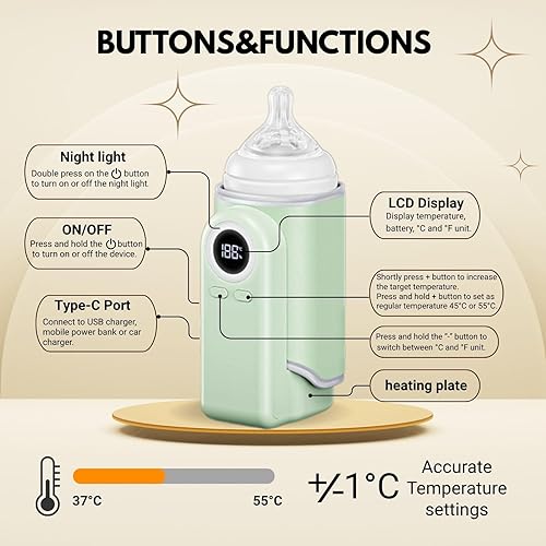 Miniatura 4 de Cozytots Calentador de biberones portátil para viajes, calentador de leche portátil inalámbrico para bebés, para llevar, recargable, USB, alimentado