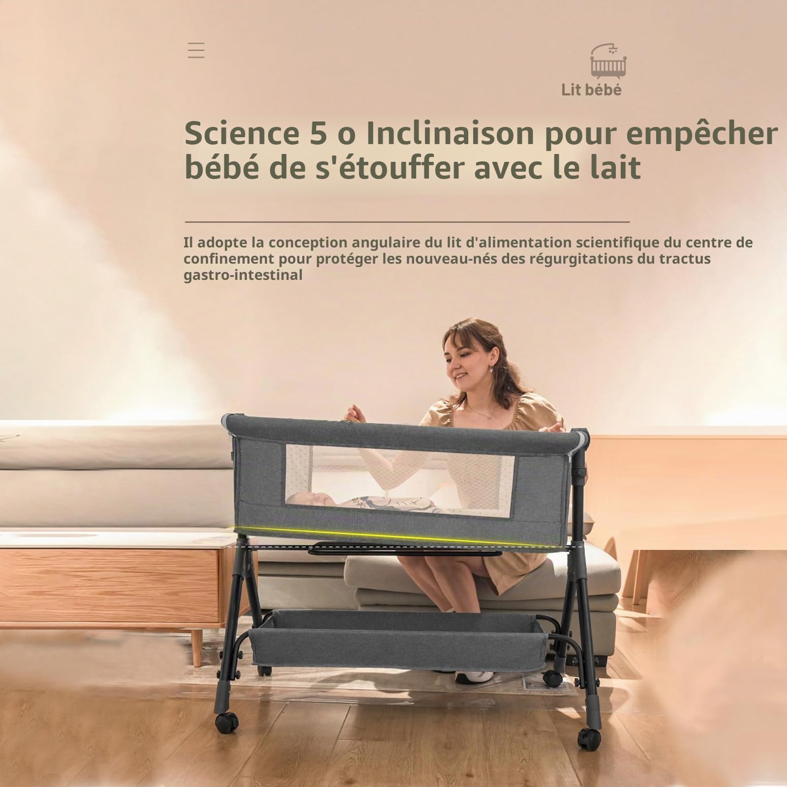 Lit de Voyage Pliable 3 en 1, Berceau à Bascule pour Bébé, Lit Nouveau-né, avec Table à Langer, Moustiquaire, Panier de Rangement, Matelas, 4 roues, pour Bébé de 0 à 24 Mois (KHAKI)