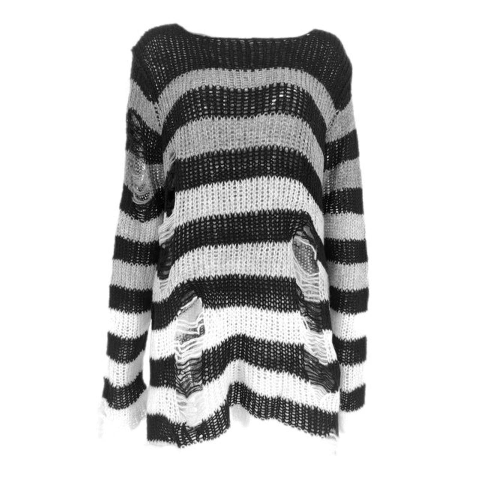 Wszjln Unisex Blackwhite Punk Gothic Long Sweater Summer Women Striped Cool Hollow Out Hole Broken Jumper Loose Rock Thin Dark Streetwear Top-,One Size
