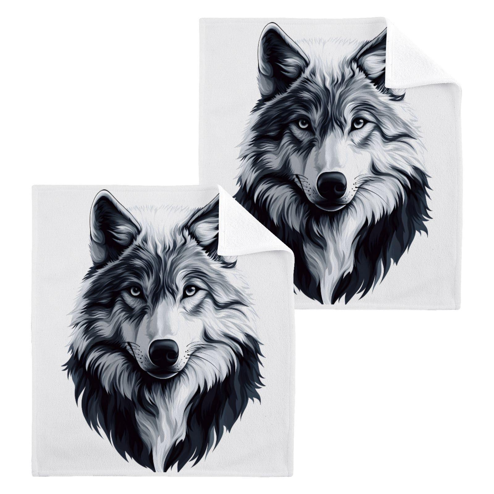 ALAZA Wash Cloth Set 100% Cotton Fingertip Towels Face Cloths Sets Wolf Face Highly Absorbent Soft Feel Set of 2