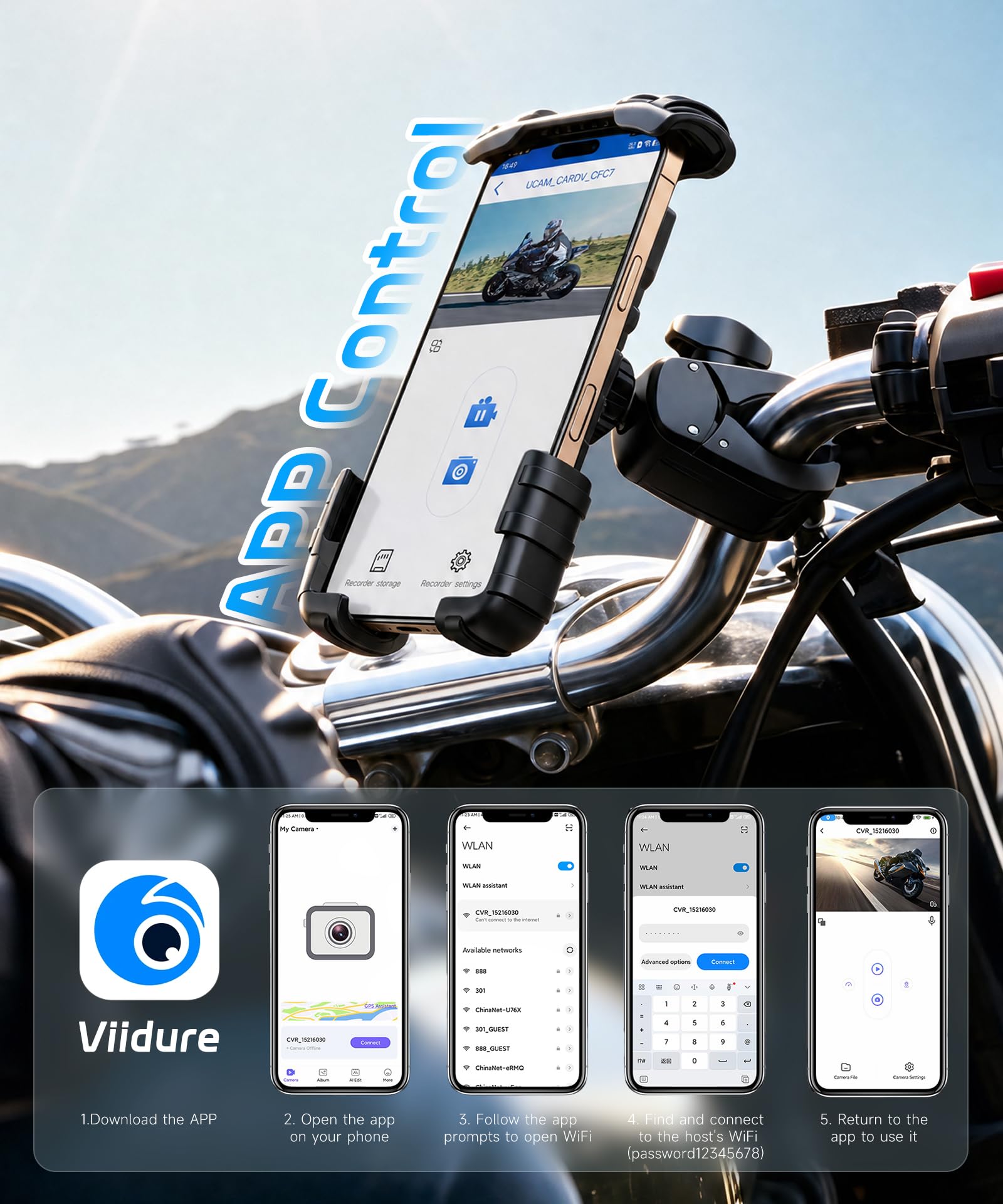 Rimoody Dashcam Moto 1080P Miniaturizzata - Telecamera Anteriore/Posteriore con Rilevamento Collisioni, Registrazione a Ciclo, Modalità Parcheggio, WiFi, per Motocicletta