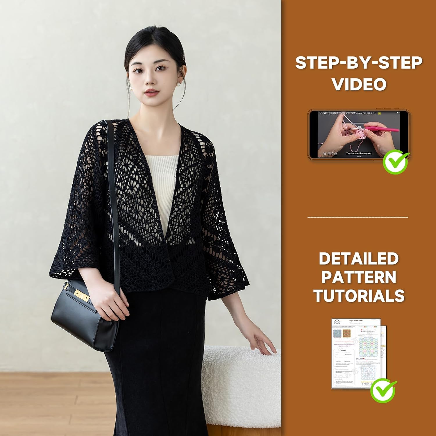 Susan's Family Crochet Kit for Advanced Beginners, Cardigan Crochet Kit, Starter Easy Learn w Pattern & Video Tutorials, Chinese Style Handmade Gifts, Ziqi Cardigan (Black Beauty)